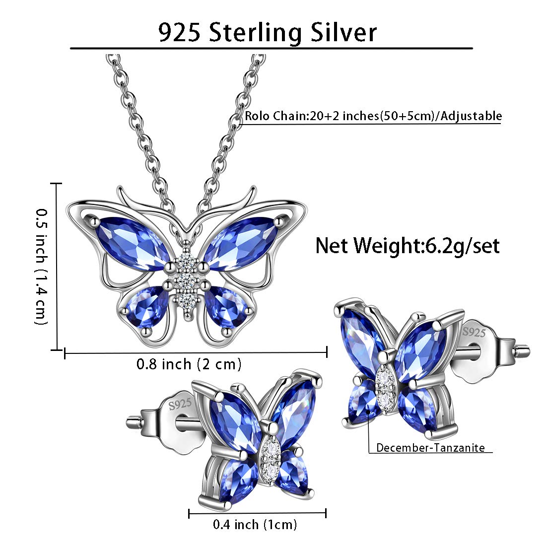 Hipunk Butterfly Purple Jewelry Sets Birthstone Women 925 Sterling Silver December-Tanzanite Birth Stone Animal Butterflies Jewelry Sets/Earring Set Crystal Birthday Jewelry SS0001D