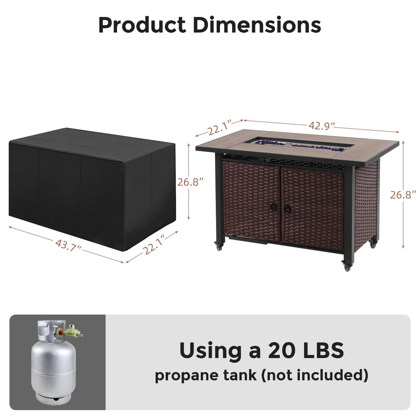 walnest 43 Inch Outdoor Fire Table with Ceramic Tile Tabletop Propane Fire Pit Table 60,000 BTU Gas FirePit CSA Certified Wicker Rattan Fire Table with Lid Glass Rock Wheels Waterproof Cover Gloves