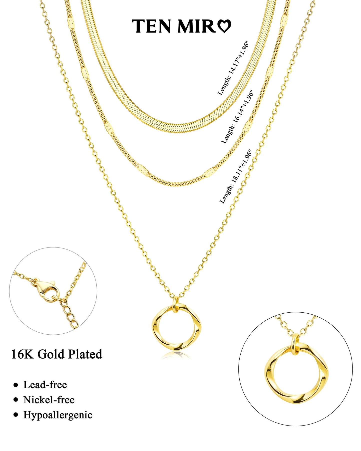 TEN MIRO Layered Gold Plated Necklaces for Women Non Tarnish, Dainty 16k Gold Plated Necklace Stack Stackable Necklace for Women Layering Chain Circle Pendant Herringbone Imitation Pearl Choker Necklaces