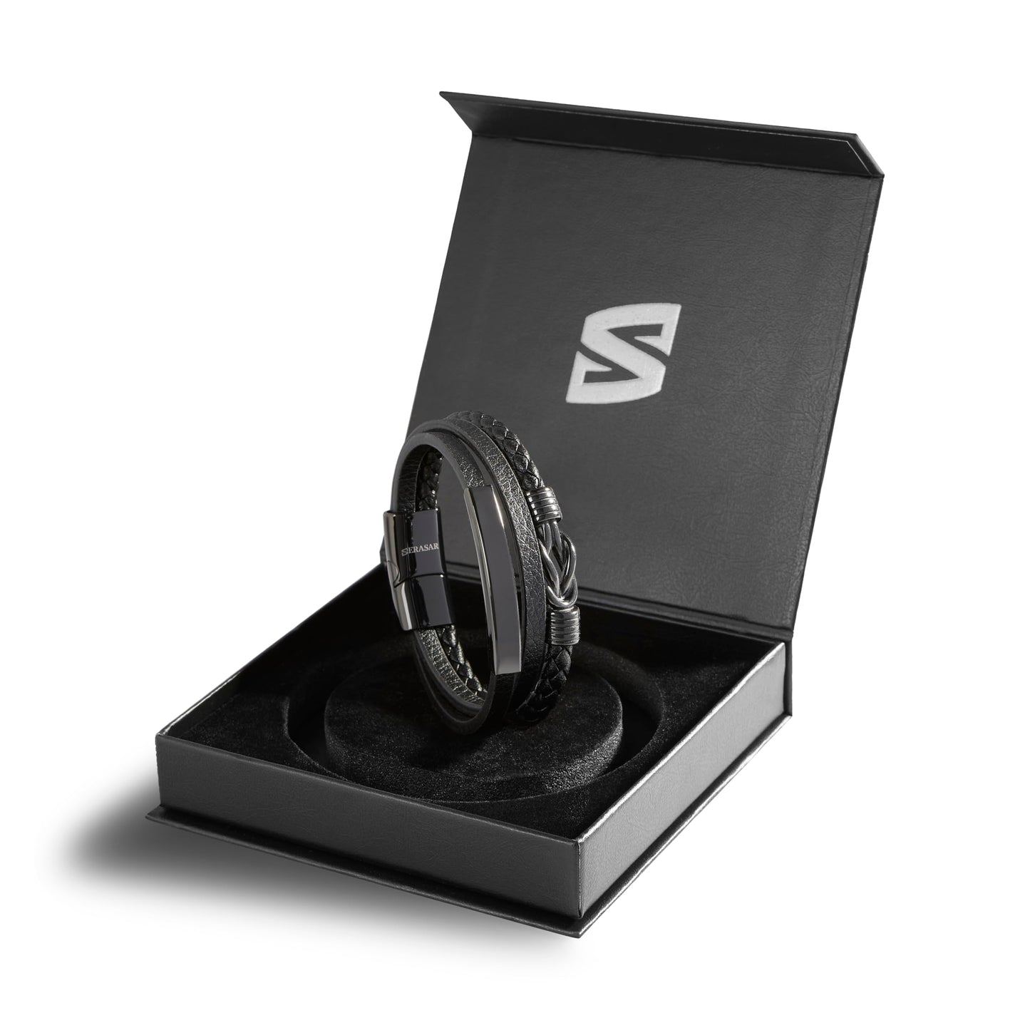 SERASAR Pulsera de Cuero Negro para Hombre, 17cm, Caja Regalo, Real, Piel Vaca, Ajustable, Cierre Magnético, Cuerda Envoltura, Masculino, Pulseras, Banda, Joyas, Imán