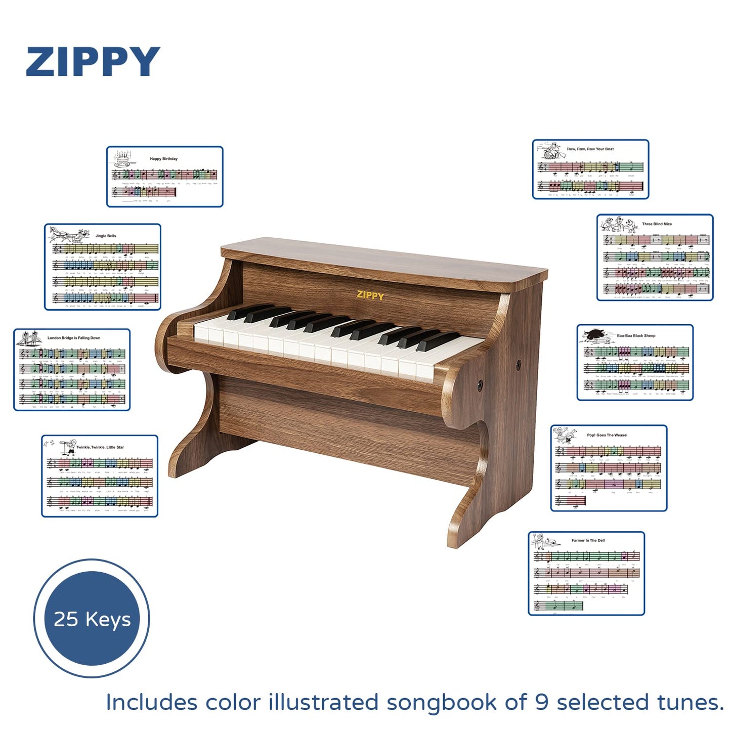 ZIPPY Kids Piano Keyboard, 25 Keys Digital Piano for Kids, Mini Music Educational Instrument Toy, Wood Toy for Toddlers Girls Boys (Walnut)