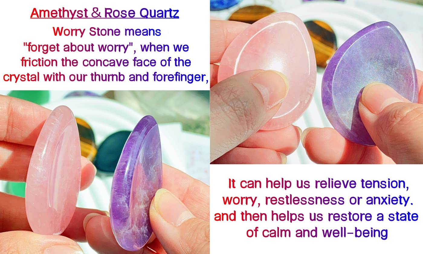 QINJIEJIE 2PCS Thumb Worry Stone for Anxiety Rose Quartz Amethyst Healing Crystals Sets Hand Carved Pocket Gemstones Meditation Crystal Reiki Palm Stone for Anxiety Relief Items