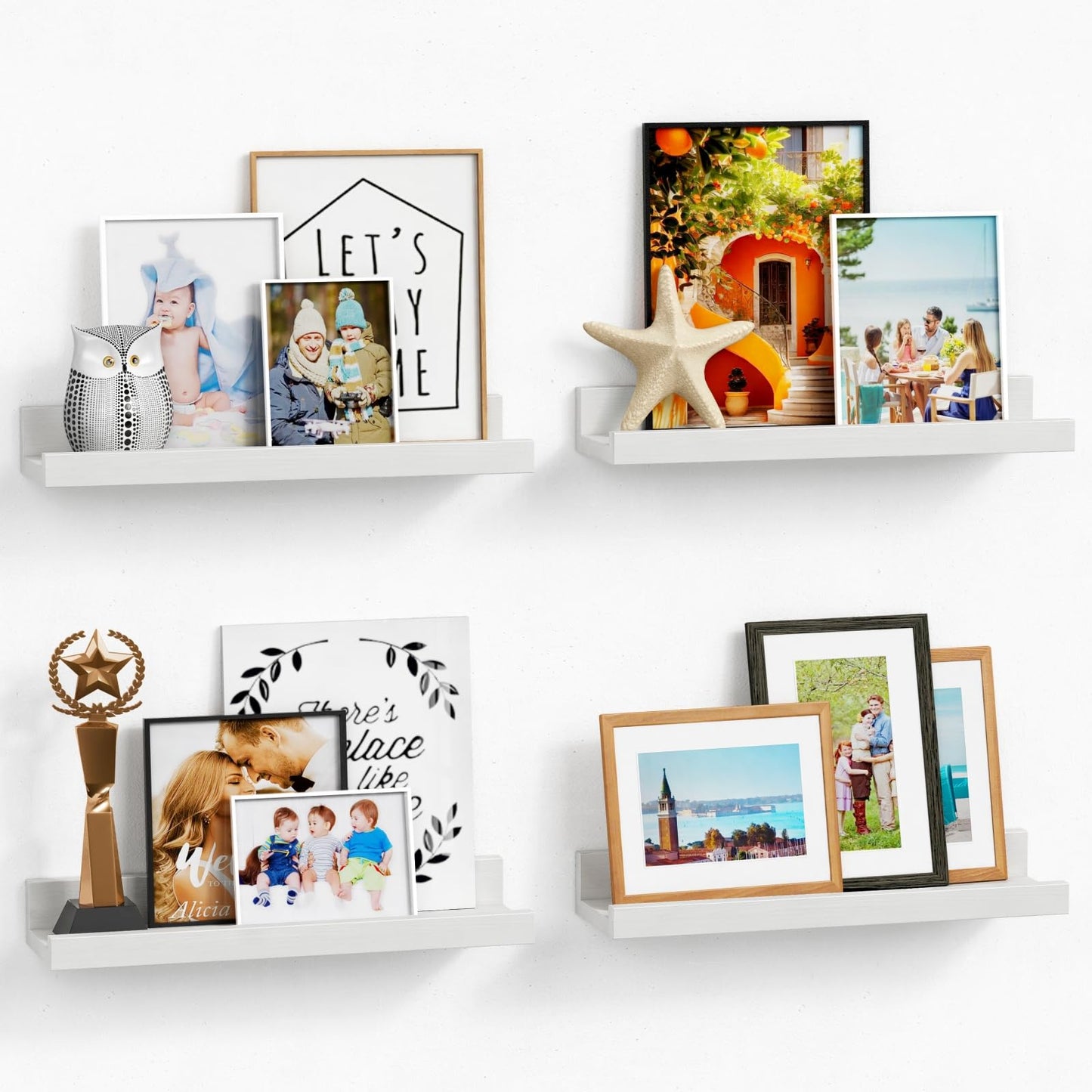Forbena White Picture Ledge Shelf, Floating Shelves with Lip for Bedroom Books, Corner Nursery Book Shelves Wall Mounted for Small Spaces Office Baby Child Kids Room Art Decor (4-Pack, Real Wood)