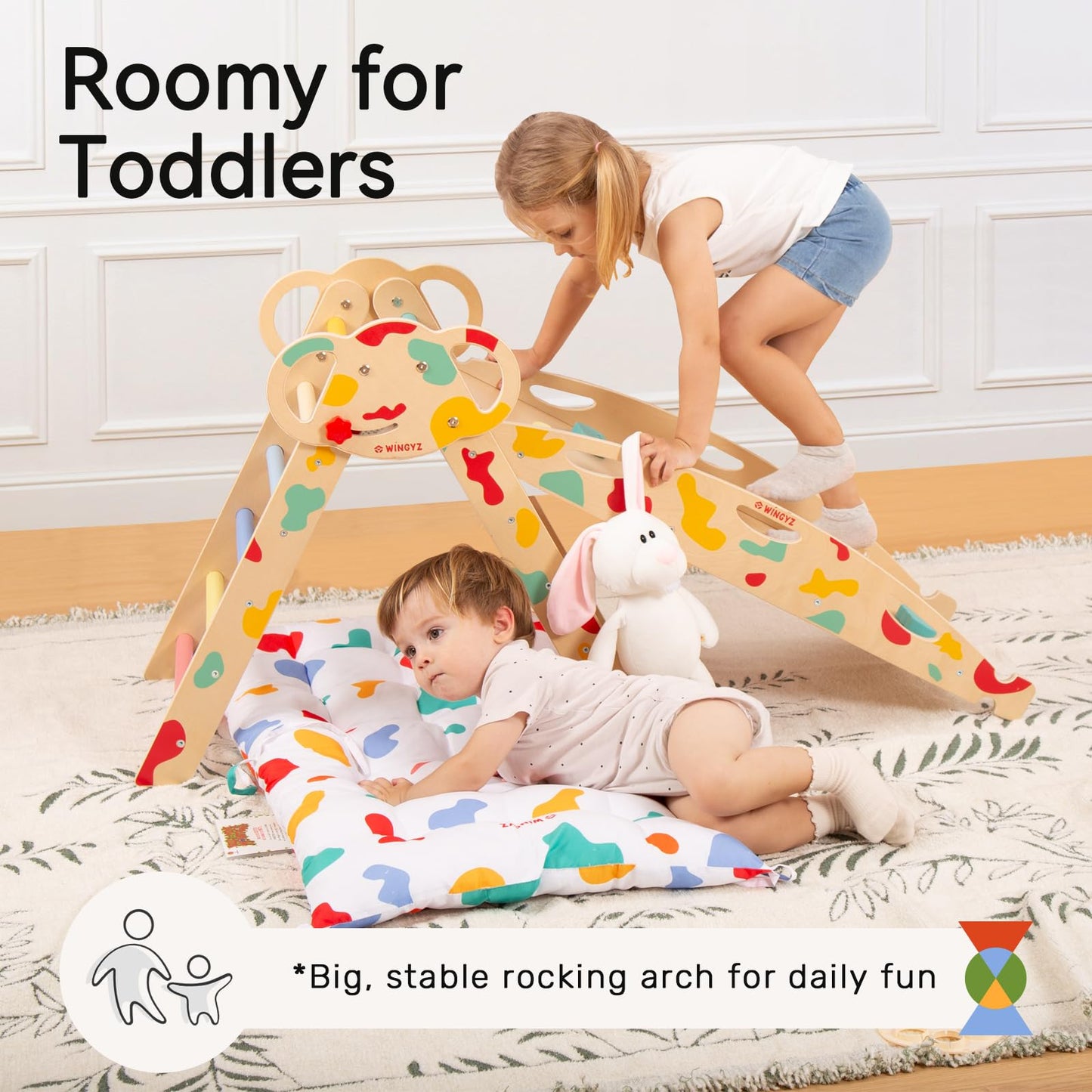 WINGYZ Pikler Triangle Set, Montessori Foldable 8-in-1 Jungle Gym & Reversible Animal Slide, Patent-Protected Climbing Set, Safe 2.35" Gap ASTM F963 Standards for Toddlers 18 Months-7 Years (Rainbow)
