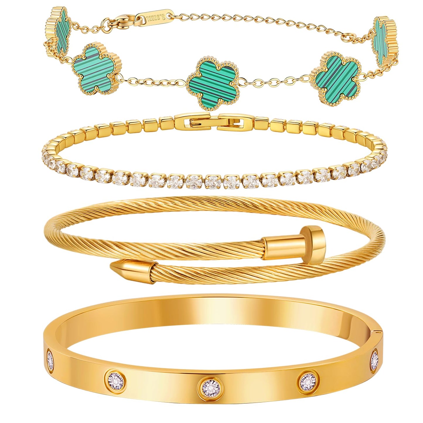 MVCOLEDY 18 K Gold Plated Love Bracelet Stack for Women 4-Piece Bracelet with Synthetic Shell Floral Clover Chain, Tennis Chain and Crystal Gold Bangle, Love Bracelet Design Gift Jewelry for Valentines Mother's Day (Green)