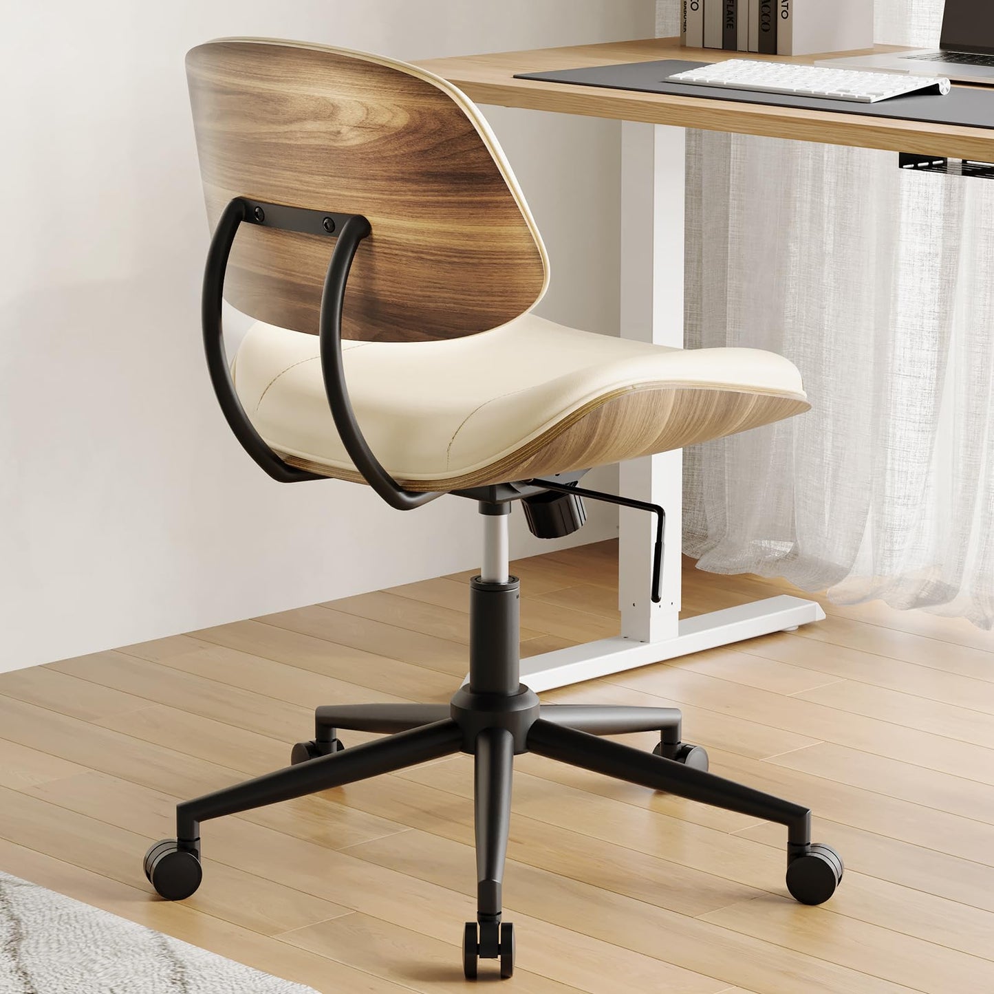 BERYTH Armless Office Chair with Wheels, PU Leather Adjustable Height Desk Chair - 360° Swivel Ergonomic Computer Chair for Small Space, Modern Walnut Style, Home & Meeting Room, Beige