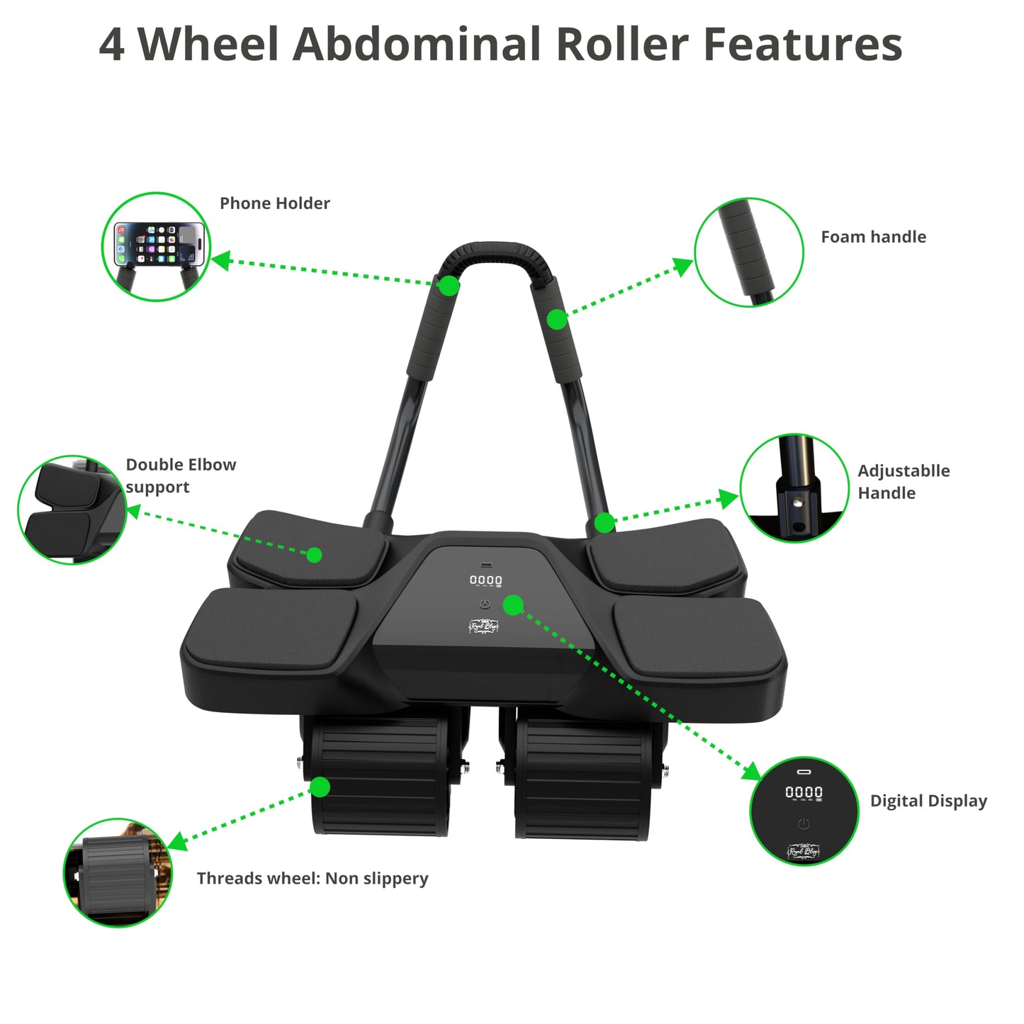 Ab Roller Home Gym Equipment – 4 Wheels Ab Wheel Muscle Roller, 5Pcs Resistance Bands, Ankle Straps, Door Anchor, Handles, Travel Bag– Comfortable Elbow Support with Non-Slip Handles