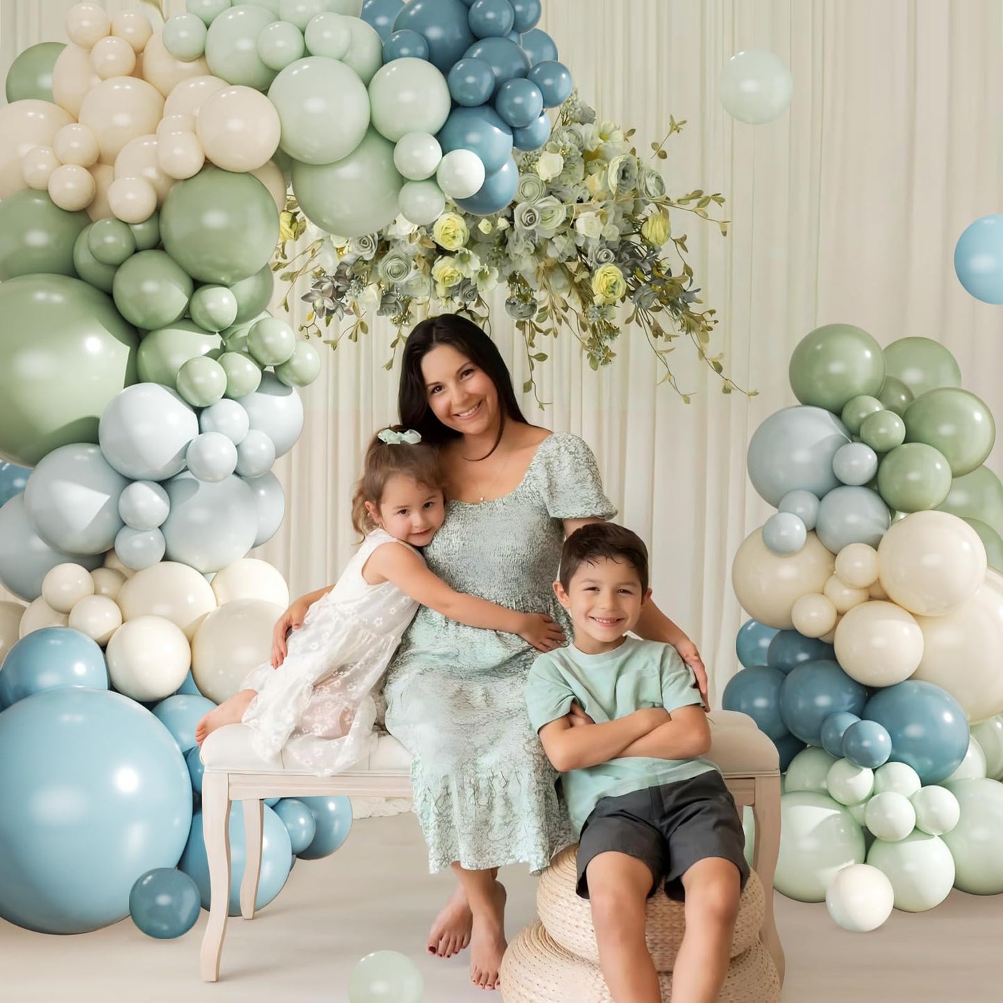 Dusty Blue Sage Green Balloon Arch Kit, 124Pcs Fog Blue Light blue Green Sand White Balloons Different Size for Baby Shower Bridal Shower Anniversary Birthday Party Decorations
