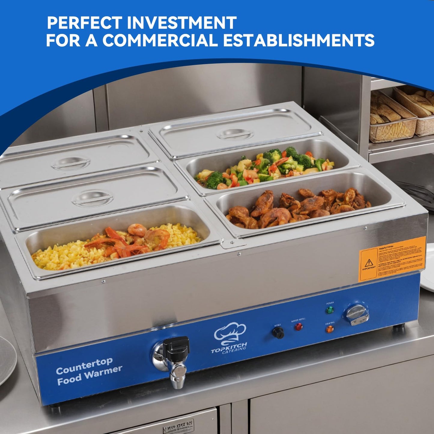 TOPKITCH 6 Pan Commercial Food Warmer, Electric Bain Marie Countertop Stainless Steel Buffet Steam Table for Catering and Restaurants(6×1/3 GN Pan,120V/1700W)