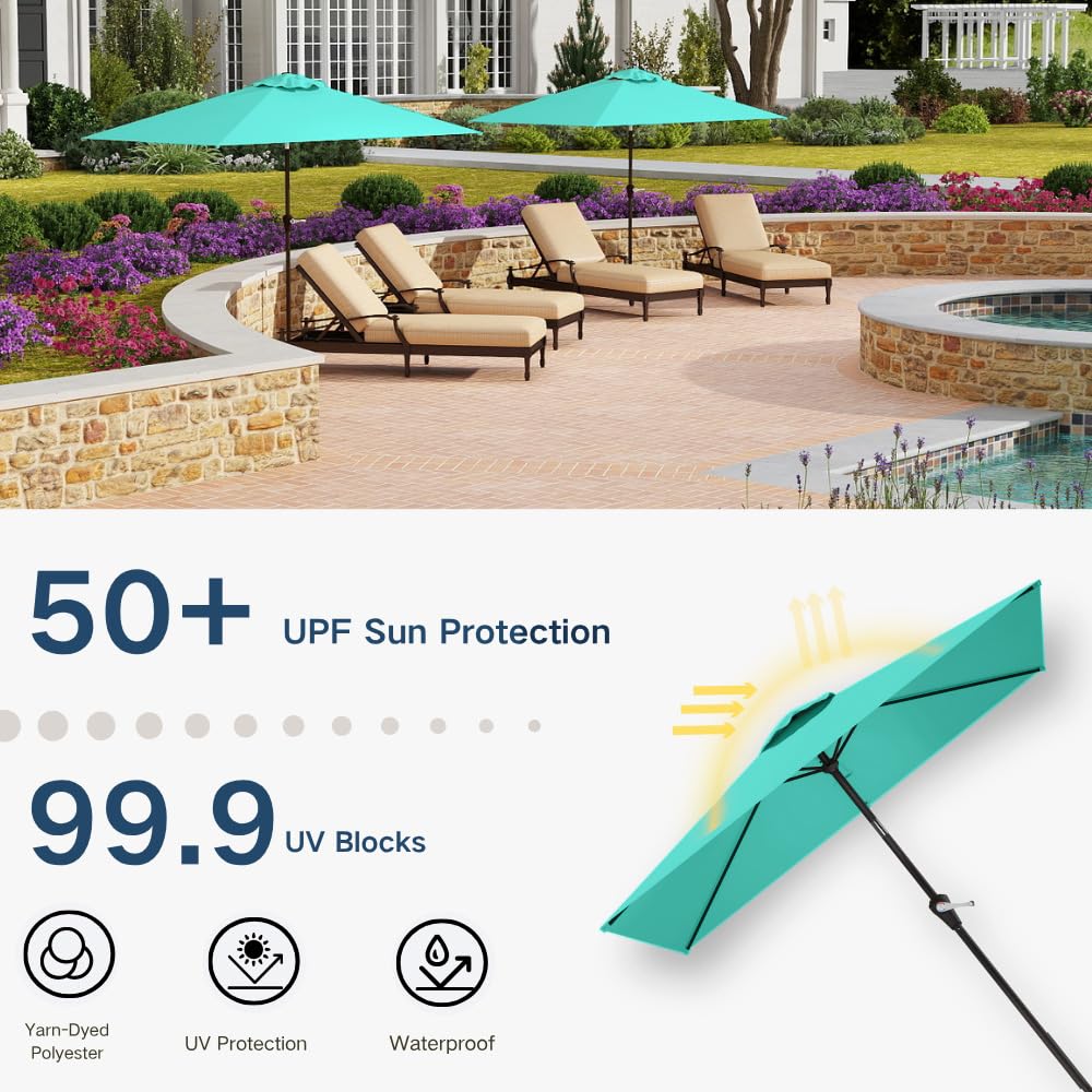 Patio Kingdom 6.5' x 10' Rectangular Patio Umbrella Large Outdoor Market Umbrella w/ UV Protection, Push Button Tilt and Crank Lift, Rectangle Table Umbrella for Garden, Deck, Pool, Patio, Turquoise Blue