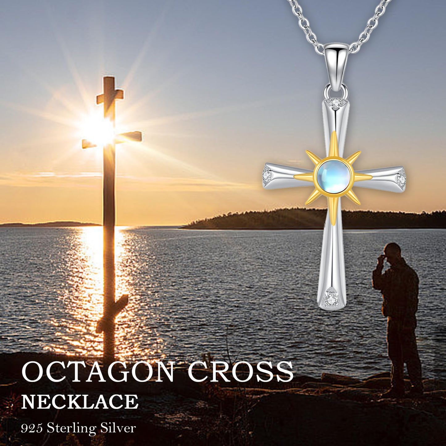 Silikepa Cross Necklace for Women 925 Sterling Silver Sun Cross Pendant Necklace with Moonstone Jewelry Gift for Women