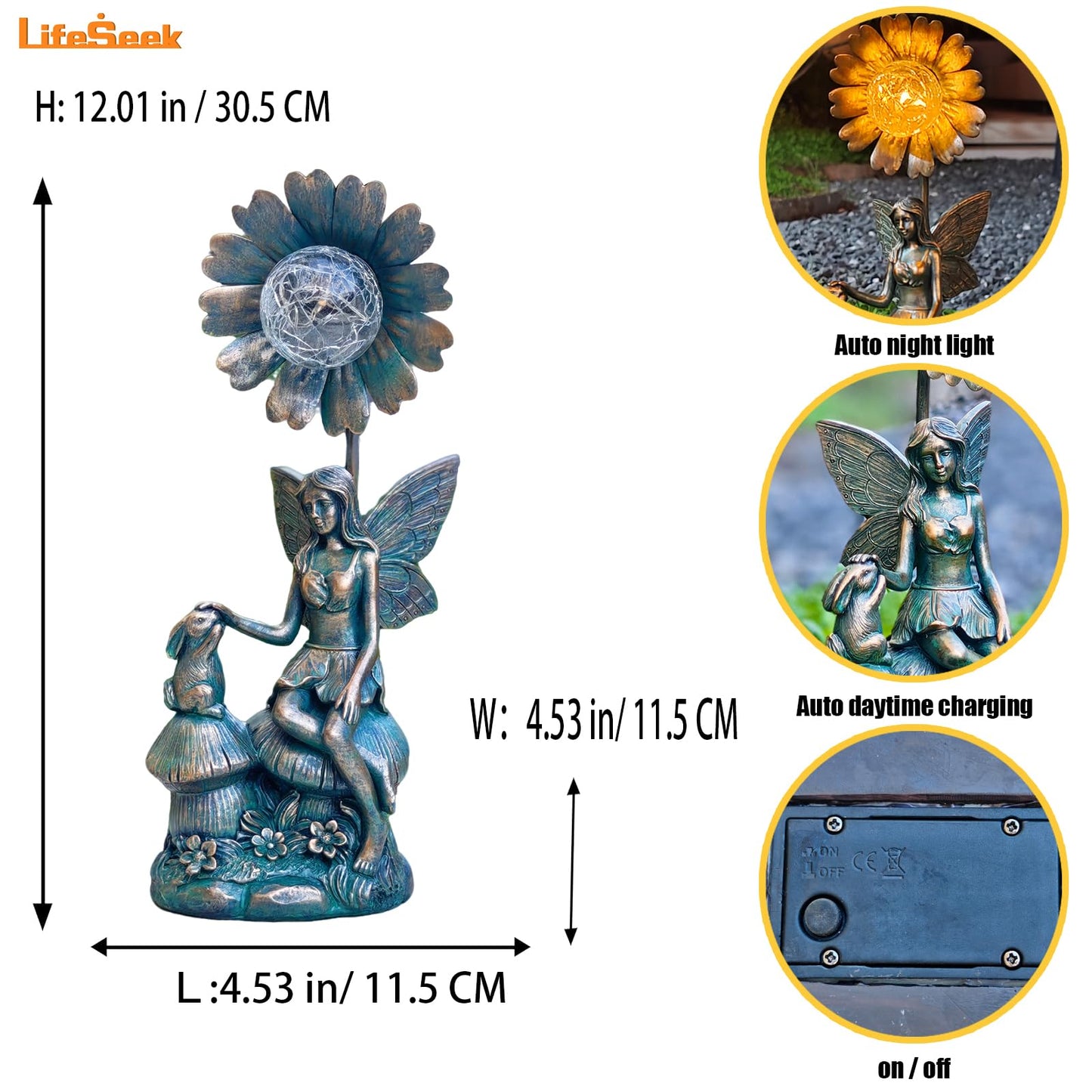 LIFESEEK Garden Solar Fairy Statue - Mushroom Seat, Touching Rabbit, Iron Flower Glass Ball, Whimsical Outdoor Ornament