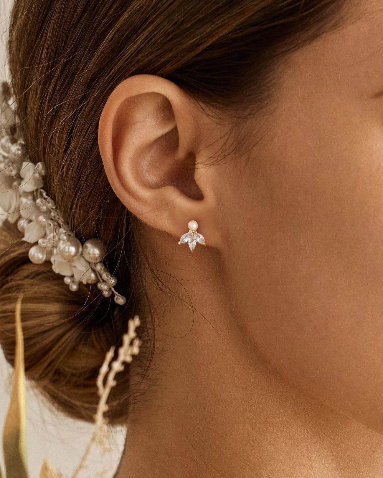 BSGRL Pearl Earrings - 14k Gold Plated 3pcs Marquise Cut Cubic Zirconia Pearl Stud Earrings for Women Wedding Party Bridal