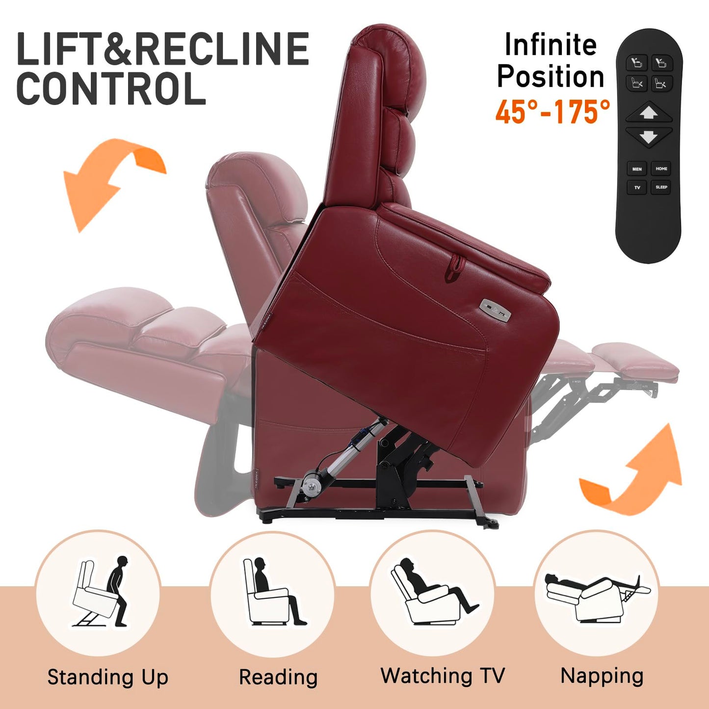 EONIX Dual Motor Lay Flat Power Lift Recliner Chair for Elderly, Breathable Faux Leather Electric Lift Chairs for Adults, 400lbs Heavy Duty Power Recliner with Heat and Massage, SLRY003061, Burgundy