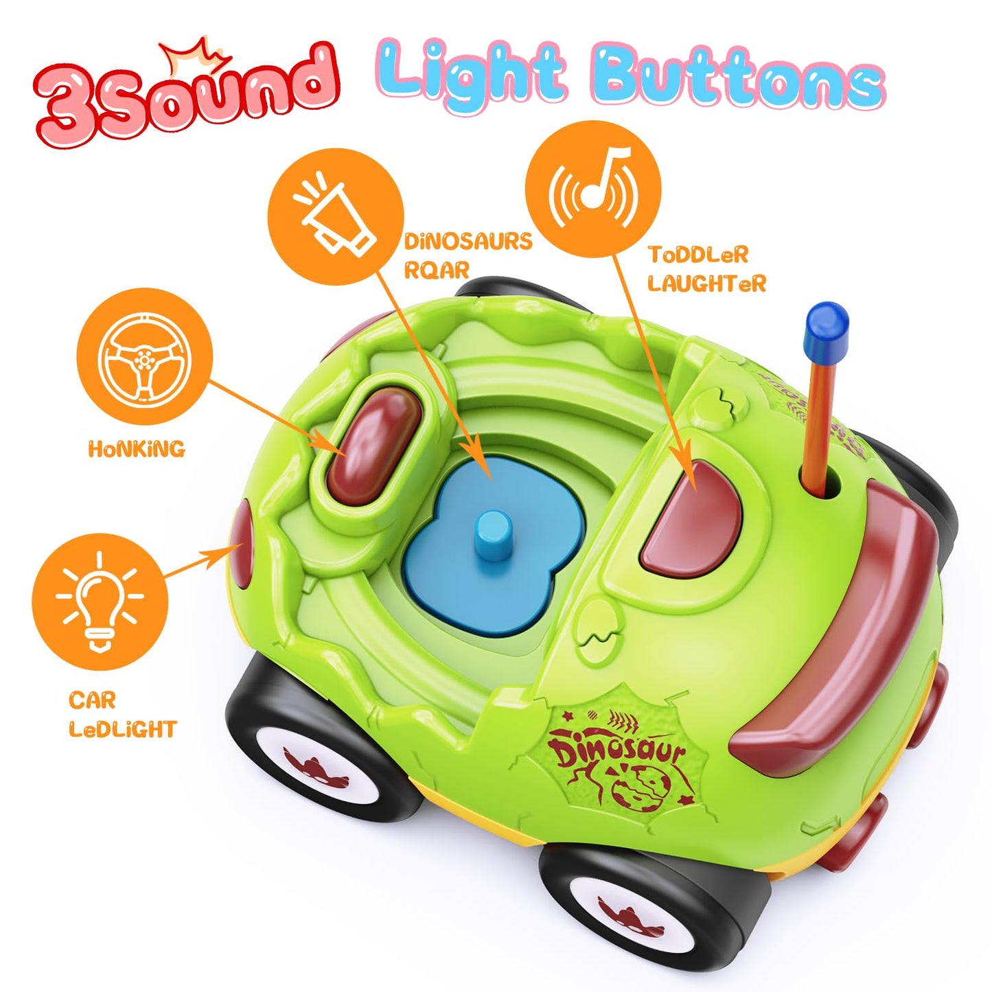 Kidz do 2 Pack Dinosaur Toys Remote Control Cars for Toddlers Ages 2 3 4 5, Christmas Birthday Gifts for 2-5 Year Old Boys, Dinosaur RC Car Toys with Music and Lights (Green Blue)