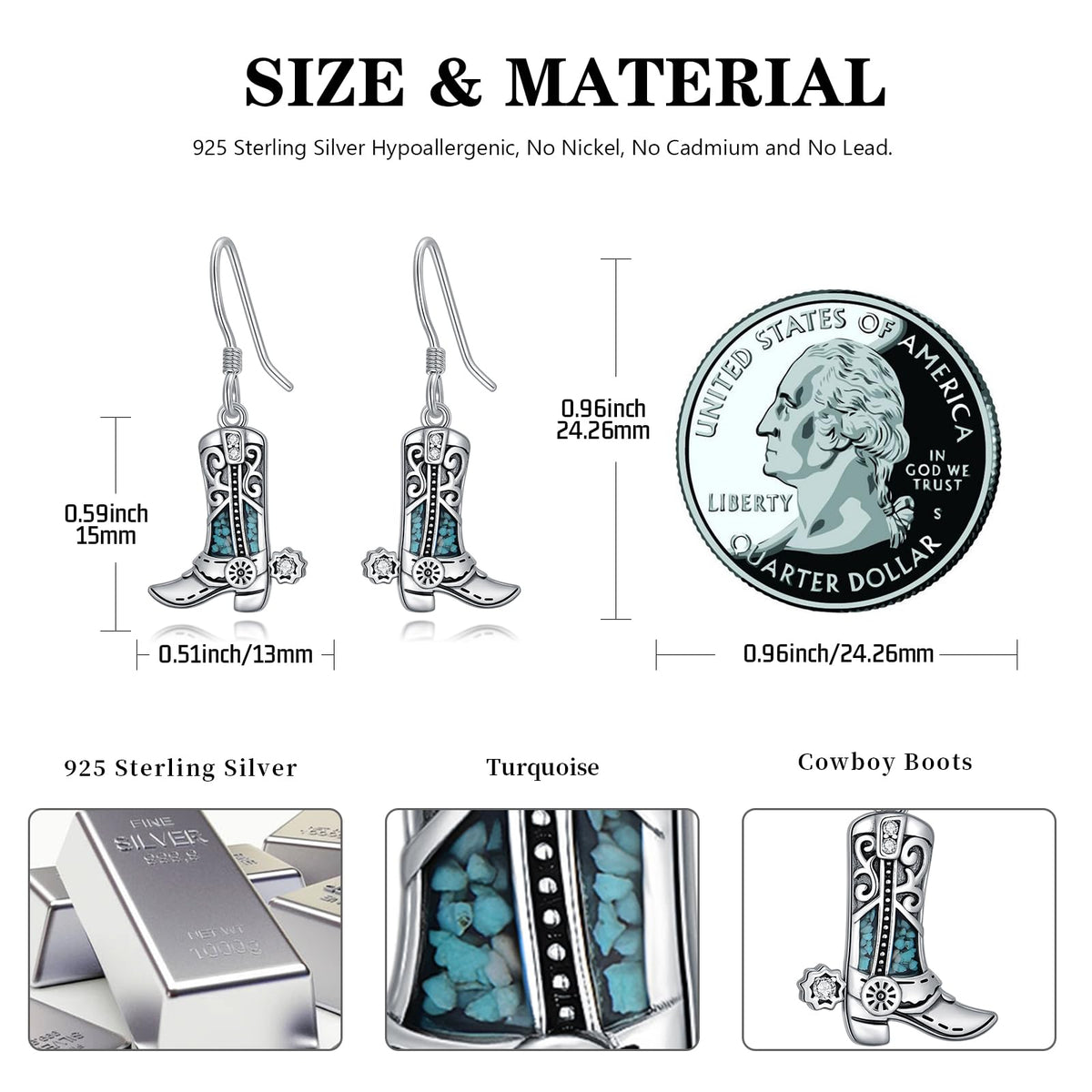 KoyeKei Western Cowboy Boot Earrings for Women 925 Sterling Silver Cowgirl Texas Boot Dangle Drop Earrings Turquoise Cowboy Carter Country Jewelry Boho Valentines Gifts for Daughter Wife Girlfriend