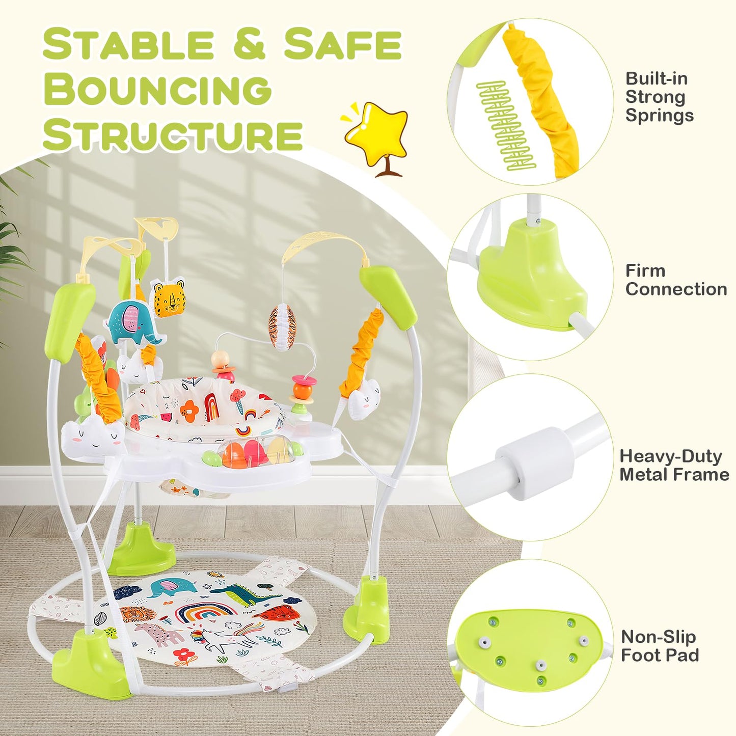 BABY JOY Baby Jumpers and Bouncers, Infant Activity Center with Music Lights Sounds, 360° Rotating Seat and 3 Adjustable Heights, Baby Play and Learning Center for 6-12 Months