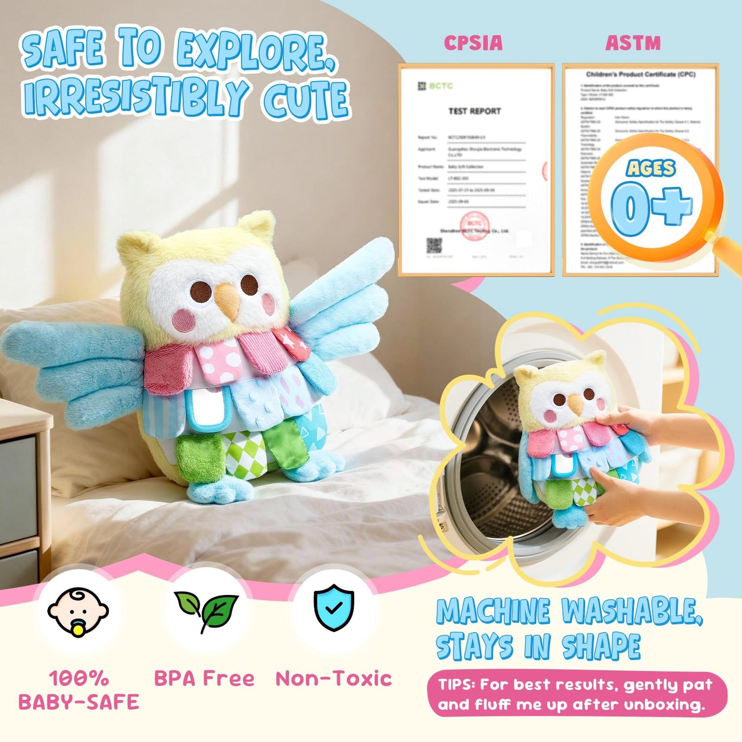 JoyCat Sensory Owl Baby Toy for 0-12 Months, 13''Soft Tummy Time Infant Toy with Multi-Textured Crinkle Feathers, Baby Mirror, Stuffed Animal Plush Montessori Easter Gifts for Newborn Boys and Girls