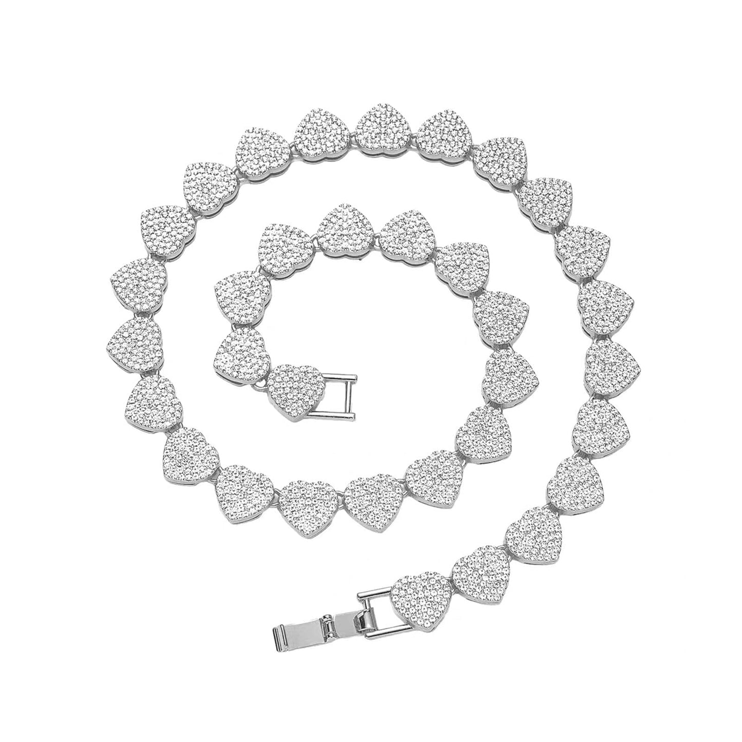 Zeffy Diamond Tennis Necklaces for Women Cuban Link Chain Cute Heart Necklace Silver Rhinestone Cuban Necklace Sparkly Diamond Choker Necklaces for Women Trendy Tennis Bridal Wedding Jewelry Gifts
