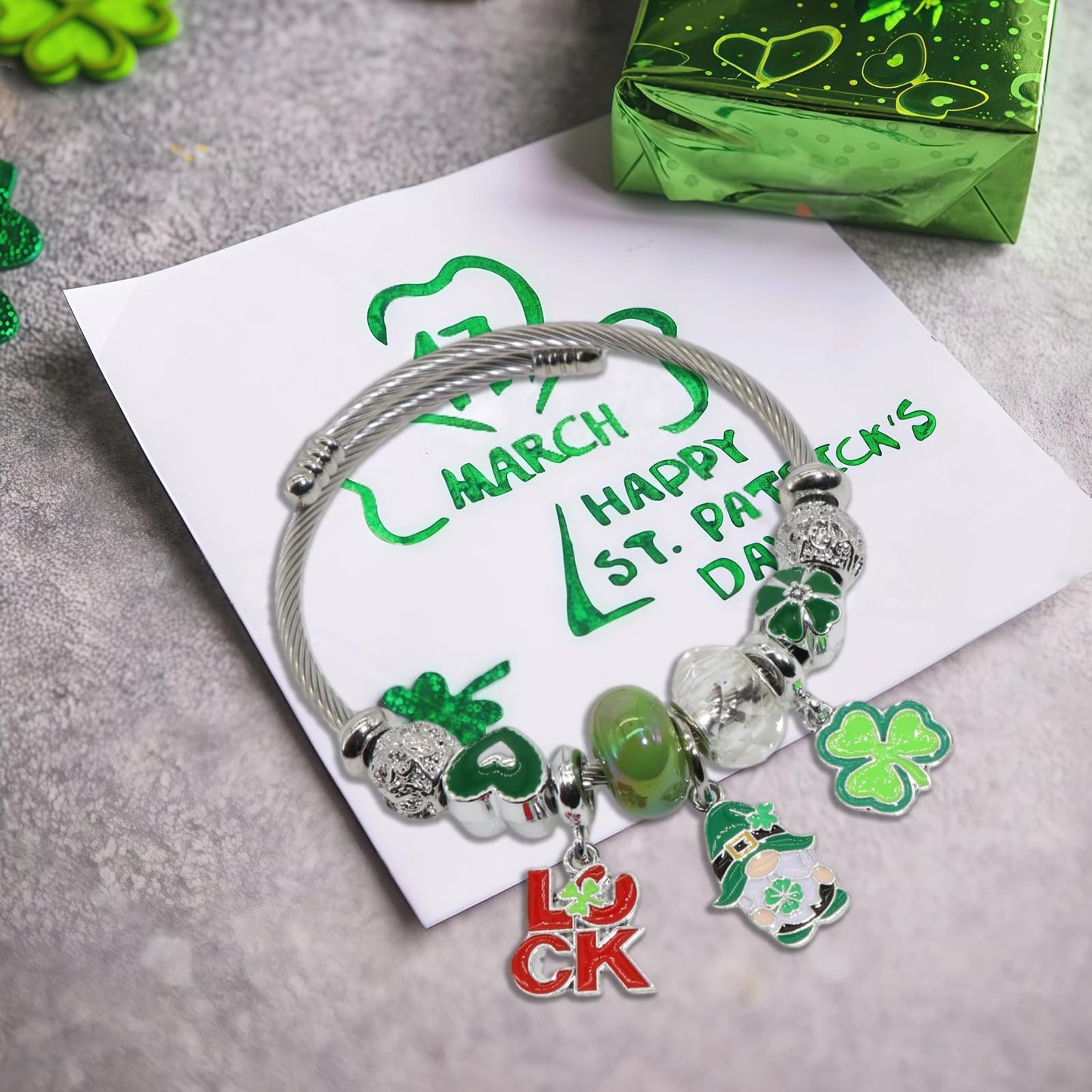 IUULOB St. Patrick’s Day Silver Women Bracelets - Adjustable Charm Bracelets for Women Birthday Gifts Favors Titanium Steel Bracelet Bundle Jewelry Kit, Party Favors