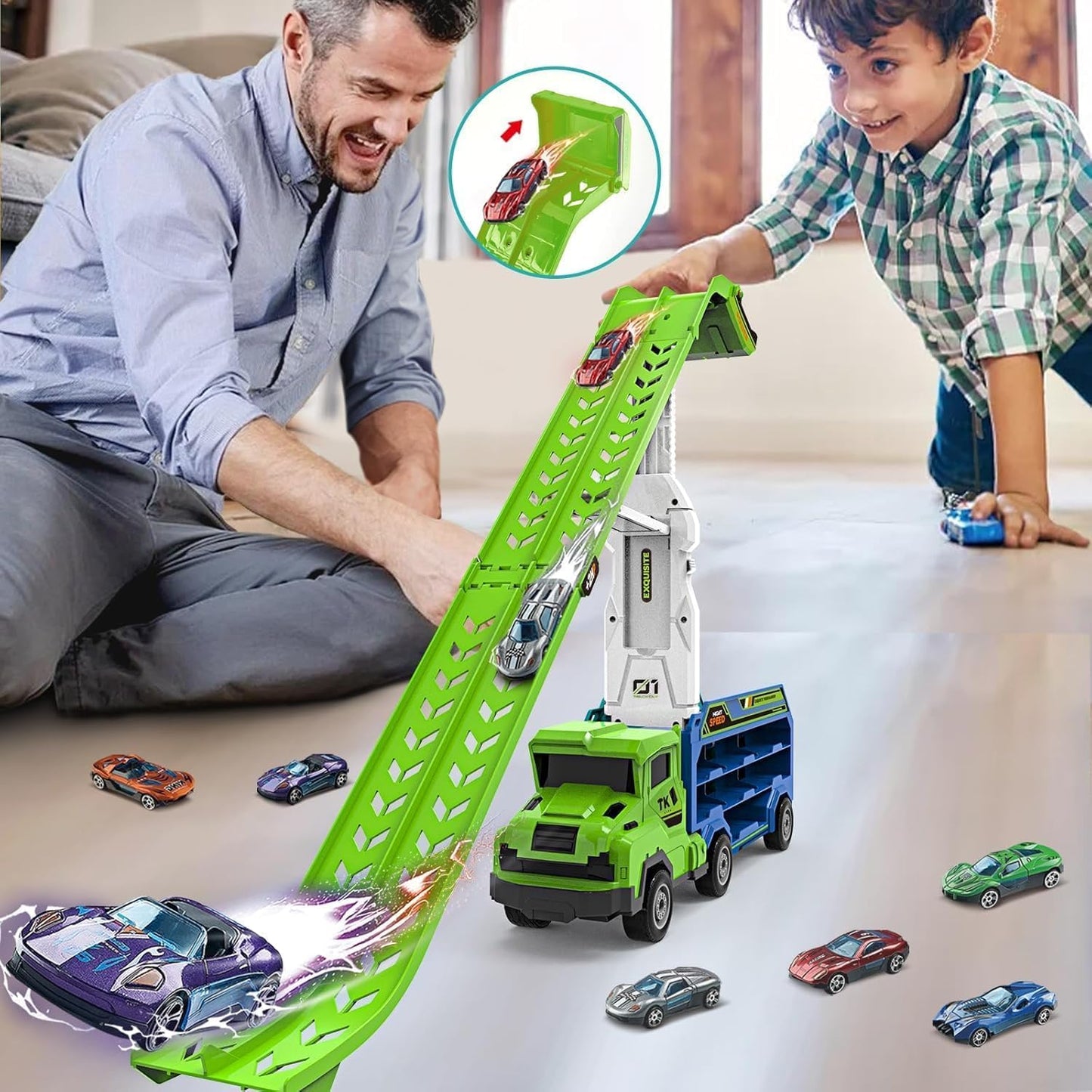 Toddler Car Truck Toys,Car Carrier Truck Toys for Kids Age 3-5 4-8,Foldable Car Track Sets with 2.8-Ft Race Track and 6 Die-Cast Race Cars, Truck Toys Gifts for 3 4 5 6 7 8+ Year Old Boys Girls(Green)