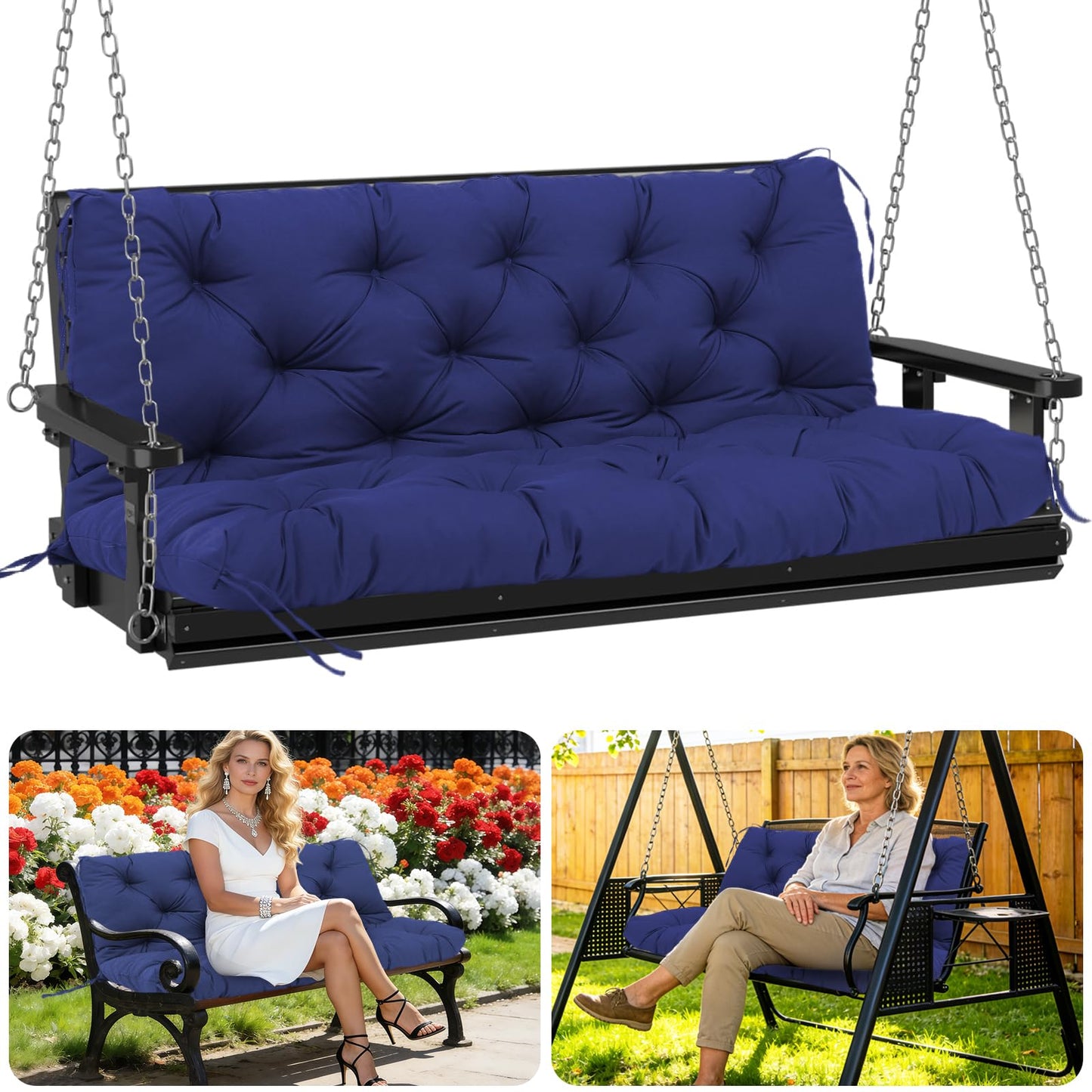 MQSXBF Porch Swing Cushions Outdoor 60 inch x 40 Waterproof Swing Cushions 3 Seater Replacement with Backrest & 8 Ties 5" Thick Bench Swing Cushions for Outdoor Furniture Patio(Navy Blue)