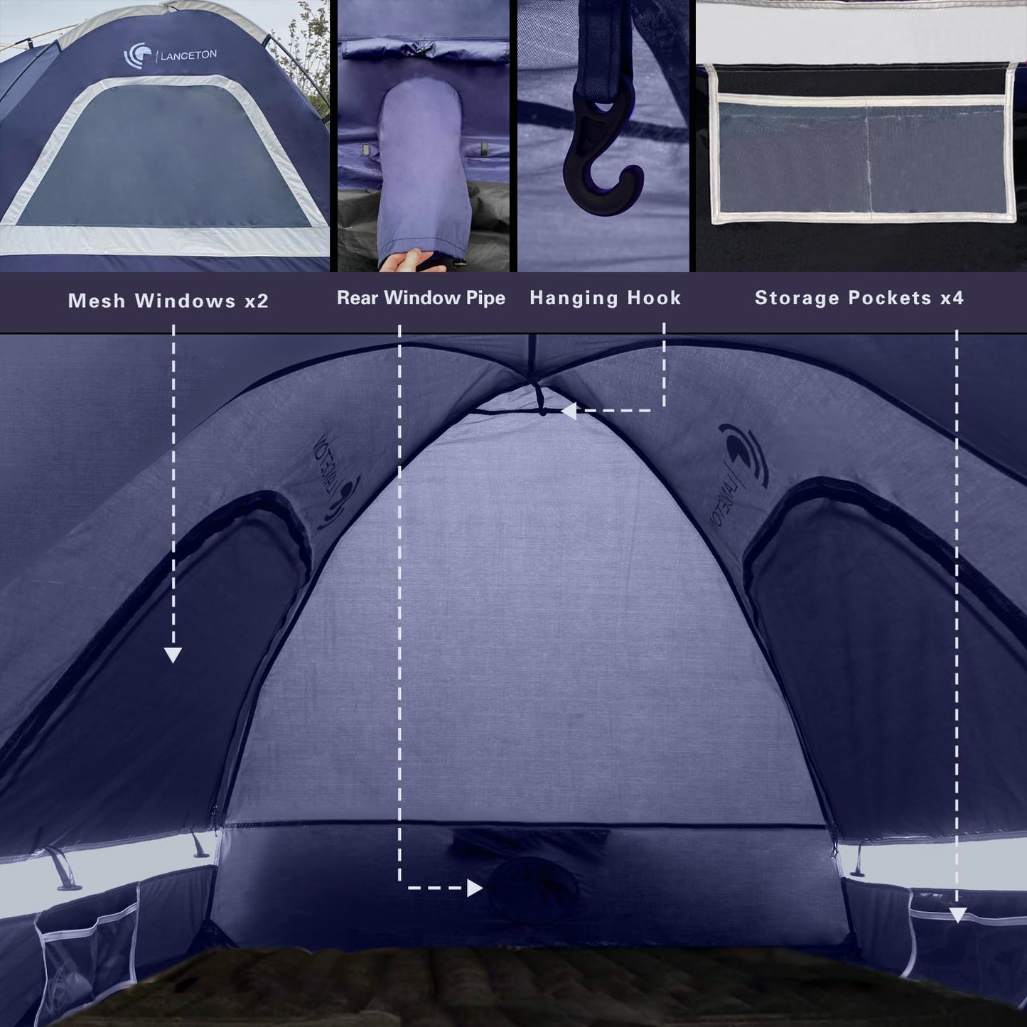 Lanceton Pickup Truck Tent, Fit 5.5-6 Foot Truck Bed, Waterproof PU3000mm high Density Polyester Oxford, Windproof Pole and Insect-Prevention Double Layer Mesh Window & Door, Unique Rear Window Pipe