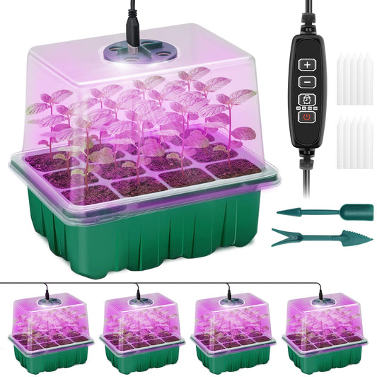 Qoolife Seed Starter Tray with Plant Light, 4 Pack Grow Lights for Seed Starting Kit with Humidity Domes, Timing Controller Adjustable Brightness for Greenhouse Propagator Station Planting Growing