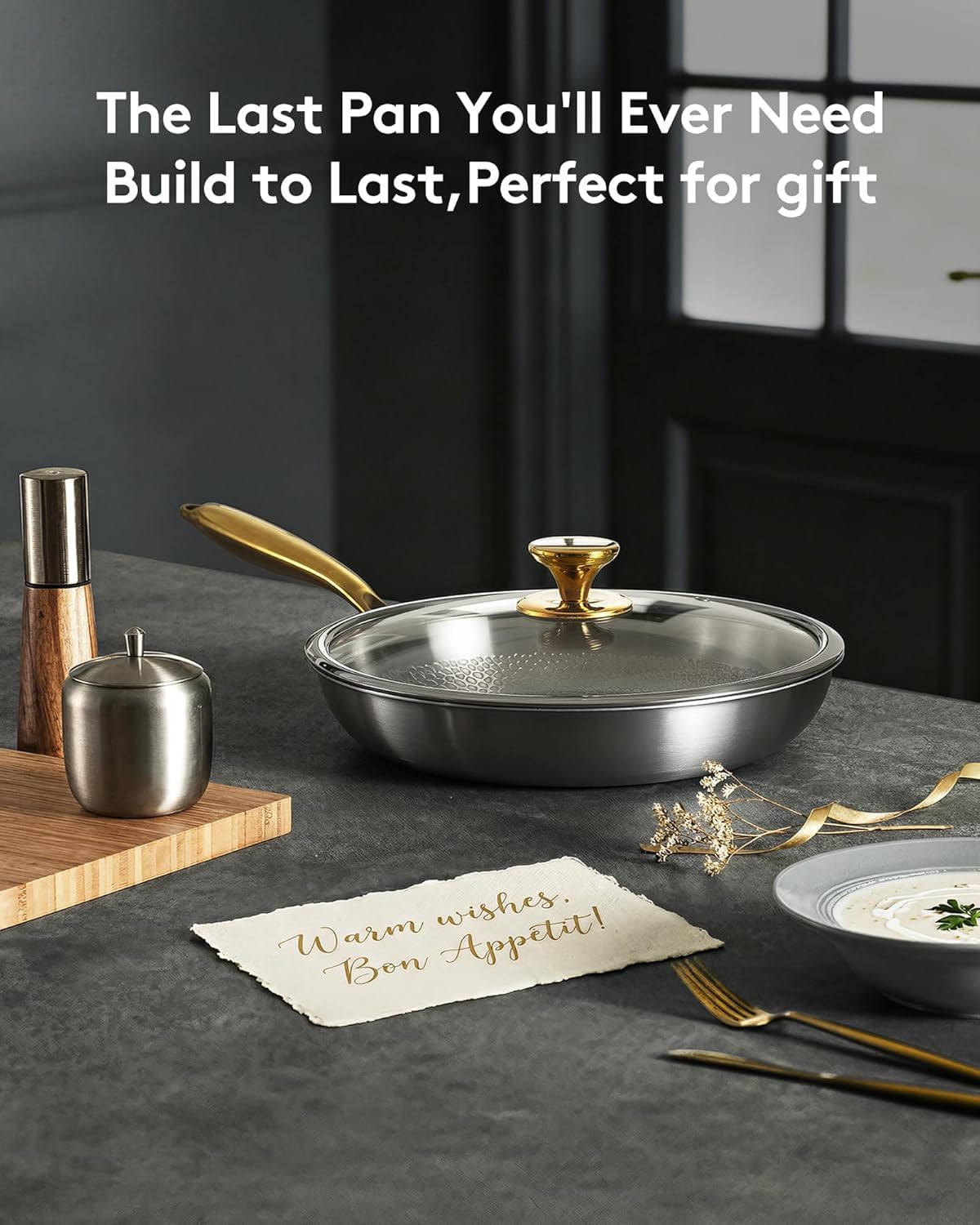 Titanium Pans for Cooking | 12 Inch Pure Tagine Titanium Skillet with Lid | Hammered Chef-Grade Design | PFAS/PFOA/PTFE-Free | Induction & Oven-Safe, Dishwasher Safe