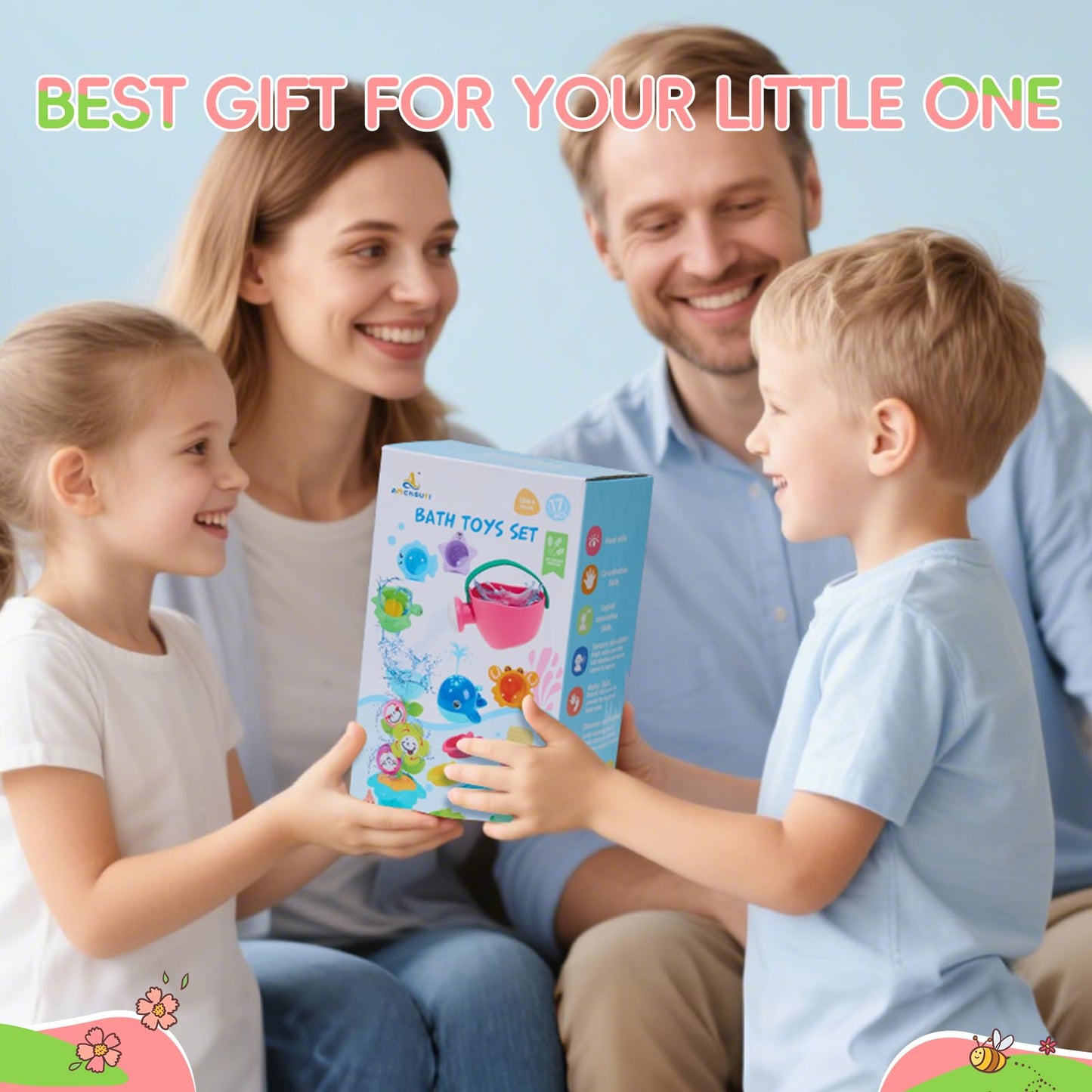 Bath Toys for Kids Ages 1-3 17PCS Fun and Easy-Grip Mold Free Baby and Toddler Bath Toys Set, Interactive Flower and Watering Can Bathtub Pool Water Table Toys for 1+ Year Old Boys Girls Gifts