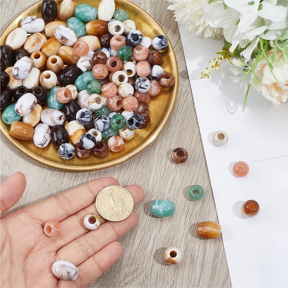 PONABEADIY 1 Box 150PCS Acrylic Large Hole Hair Beads Round Oval Opaque European Imitation Painted Stone Loose Spacer Polished Barrel Macrame Bead Bulk for Jewelry Making Bracelet Necklaces DIY Craft
