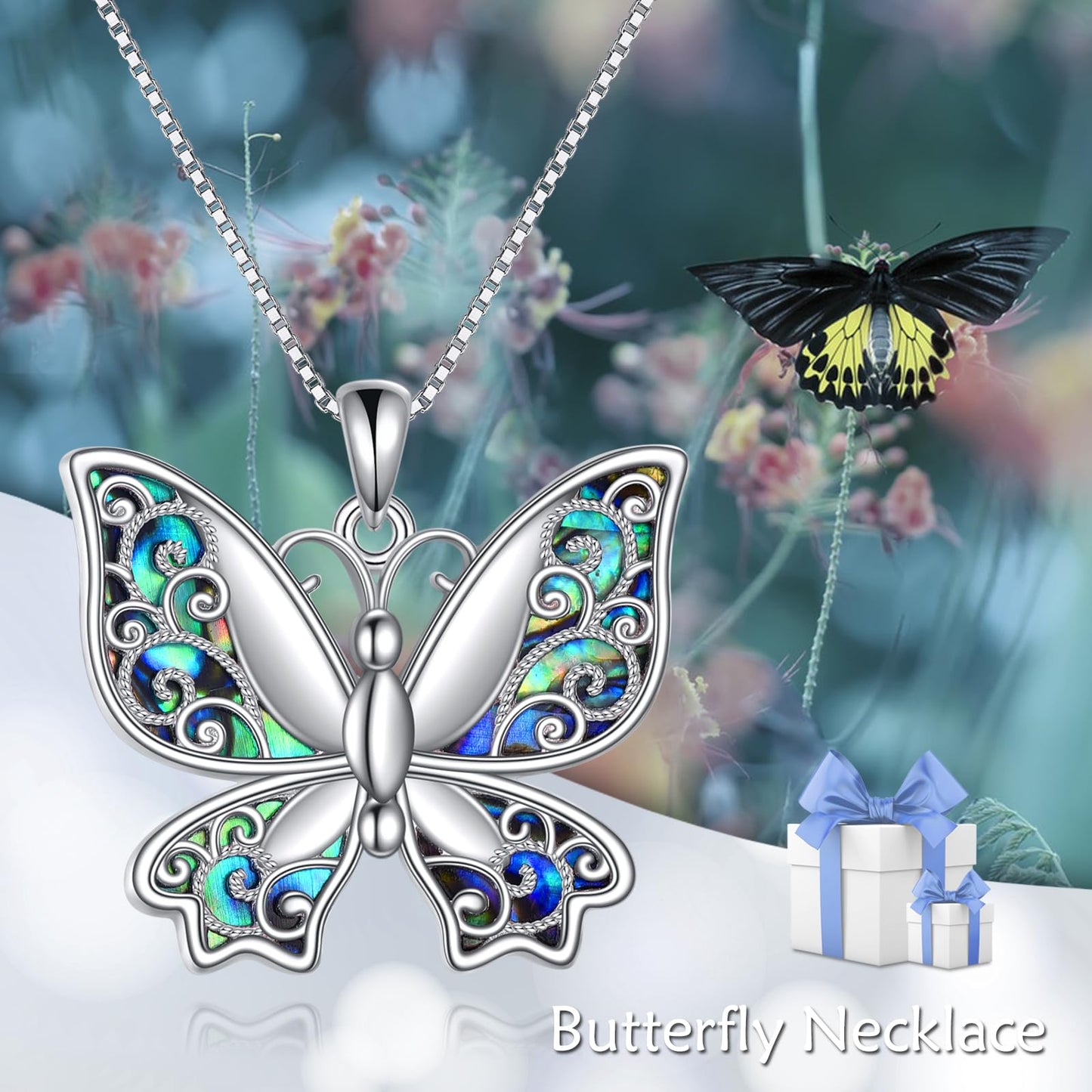 KQF Butterfly Necklace 925 Sterling Silver Filigree Butterfly Pendant Abalone Shell Jewelry Gift for Women Mom Daughter