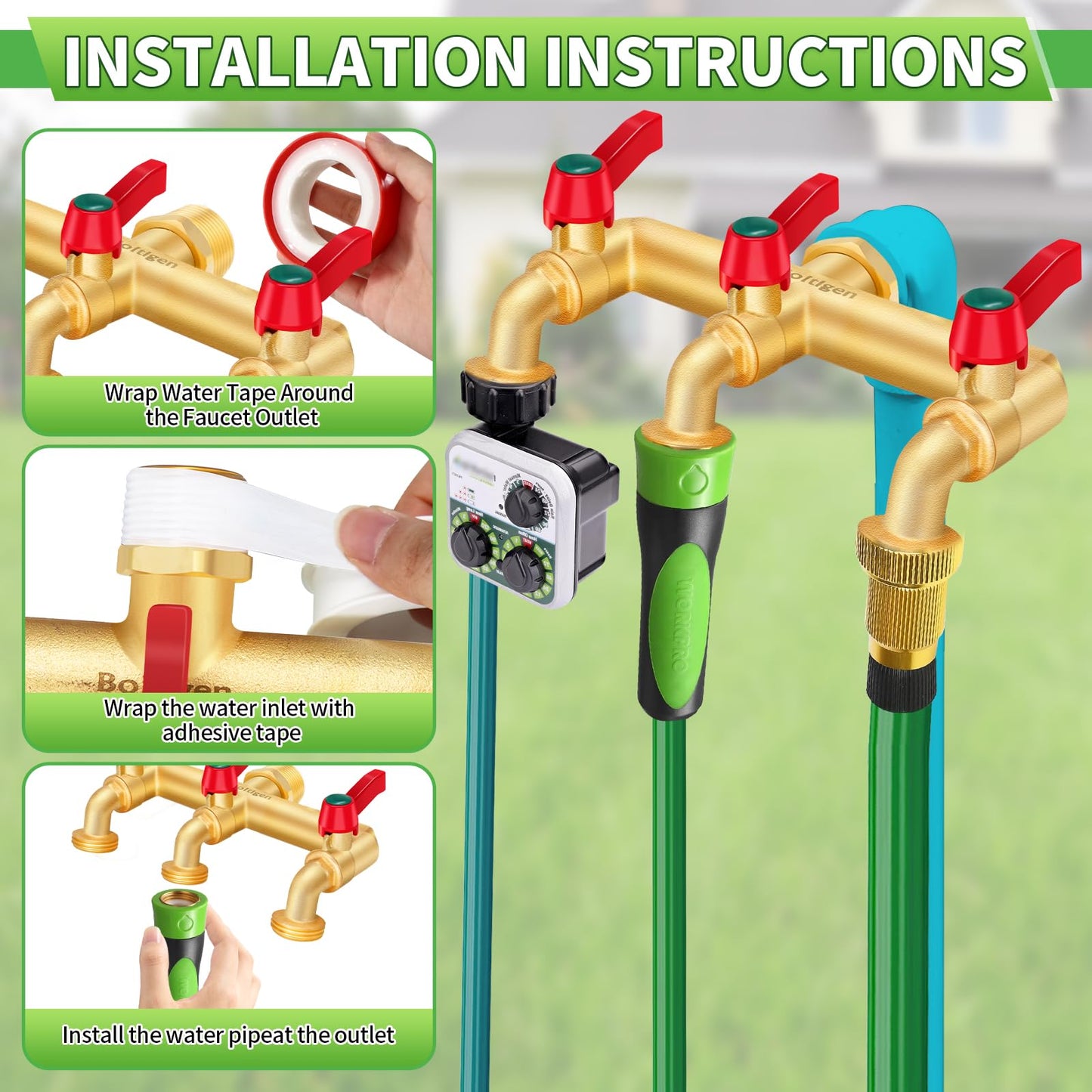 Boltigen 3 Way Water Hose Valve Splitter, Brass High Flow Garden Hose Faucet, 3/4 NPT Inlet to 3/4 GHT Outlet Garden Hose Manifold, Three Way Water Outdoor Splitter with Shut Off, Gold