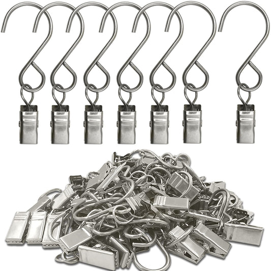 AMZSEVEN Stainless Steel S Hooks Curtain Clips, 50 Pack Hanging Party Lights Clips, Hangers Gutter Photo, Art Craft Display, 3 Inch Long, Silver