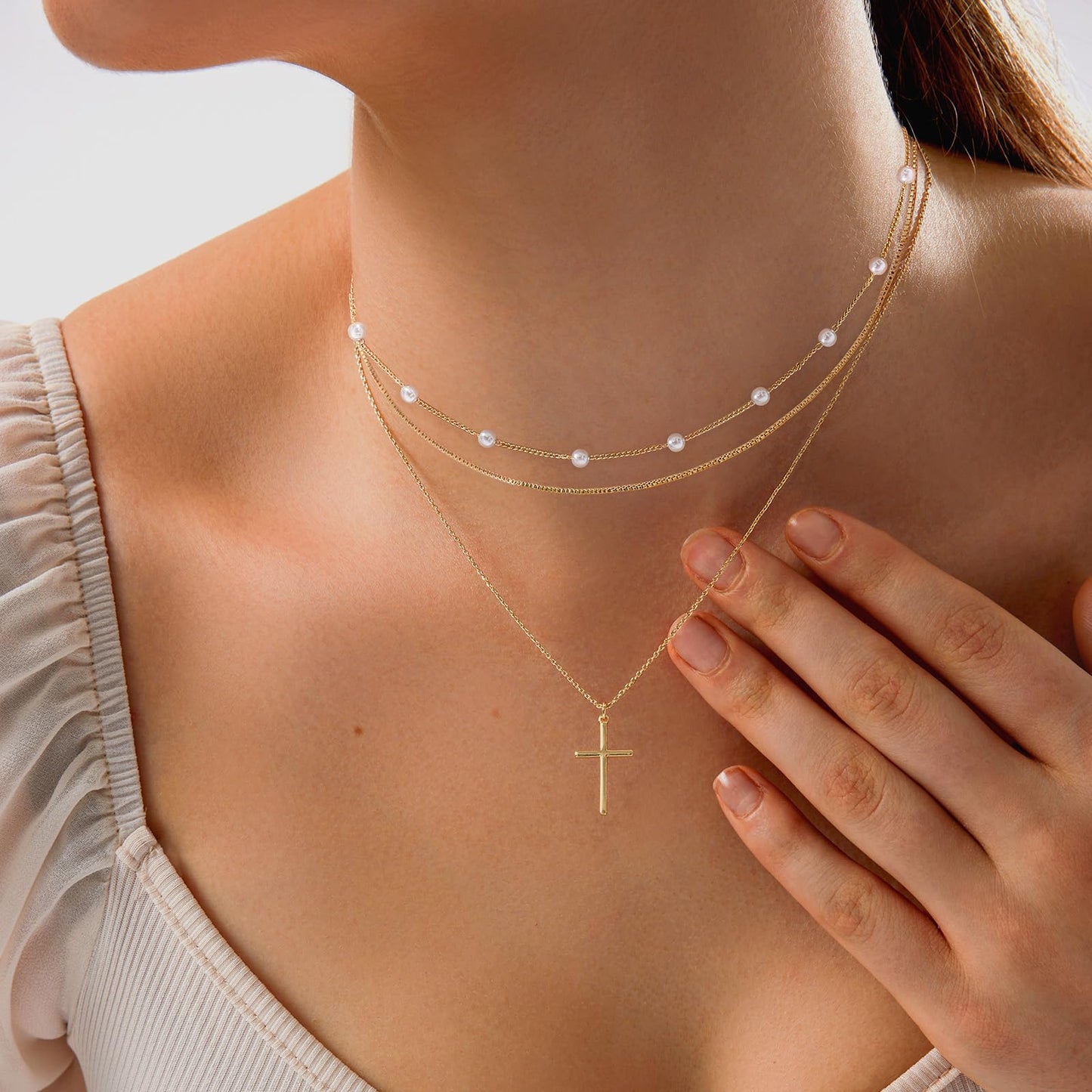 HAXIYA Cross Necklace for Women Layered 14K Gold Plated Cross Chain Dainty Pearl Cross Choker Necklace Set Trendy Necklaces Stack Non Tarnish Crucifix Pendant Gift for Women