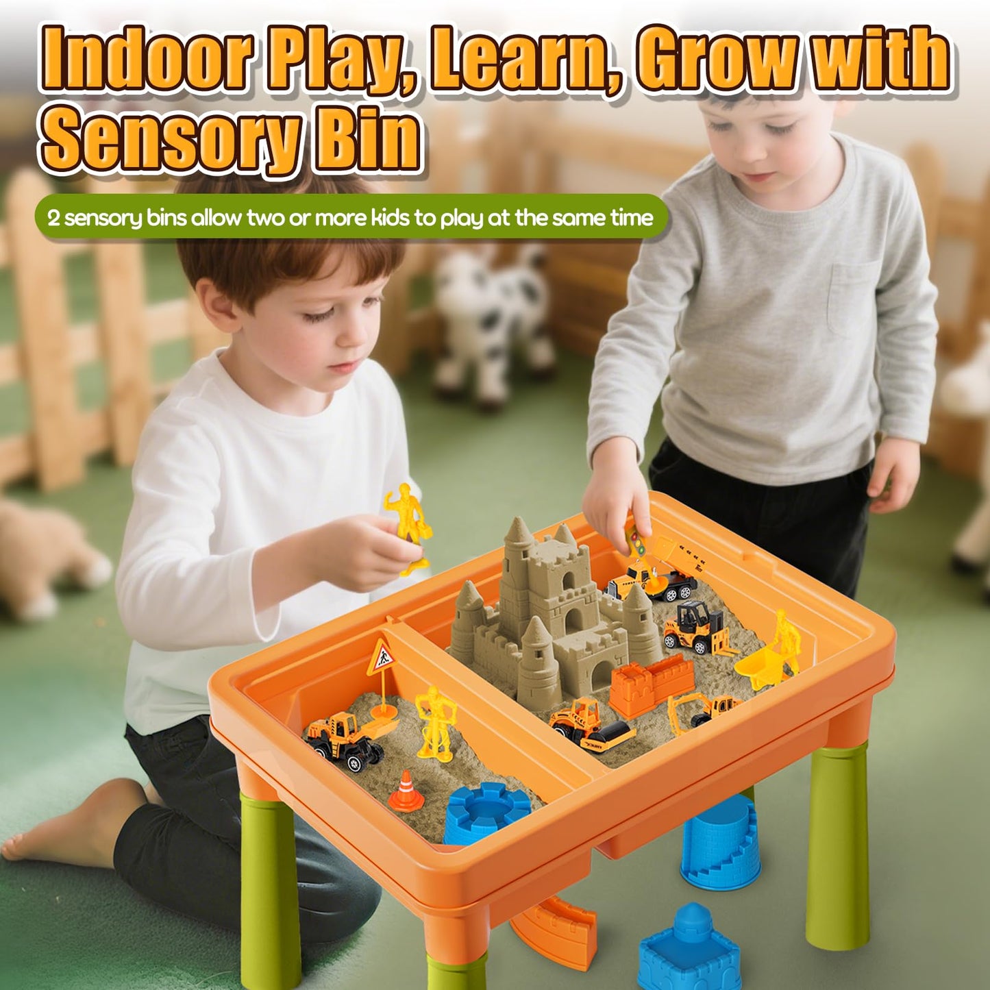 Lehoo Castle Sensory Table with Sensory Sand, Indoor Sensory Bin with Lid & 2.6lbs Play Sand, Construction Kit with 6 Alloy Trucks & Castle Molds, Sensory Toys for Toddler Boys and Girls