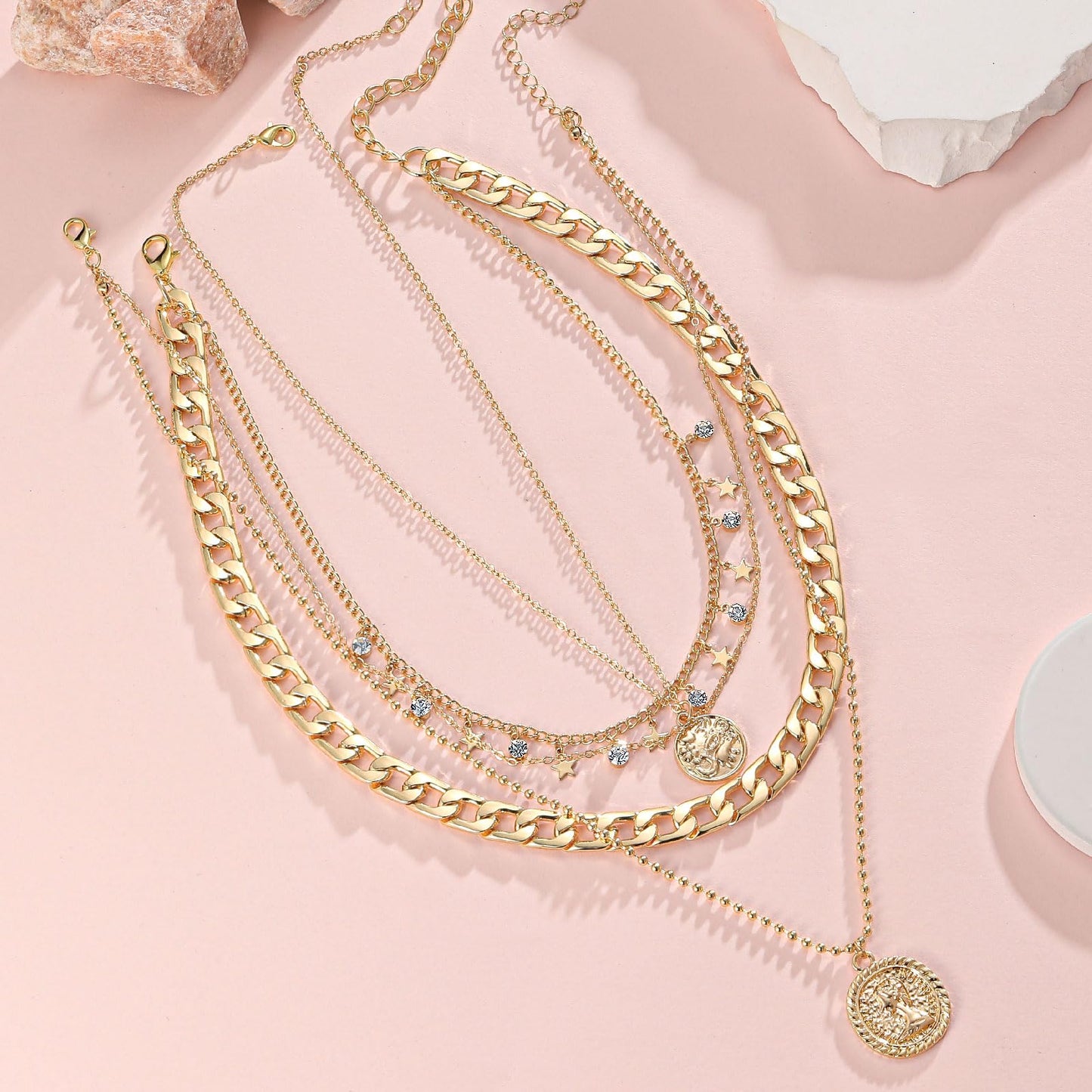 MJartoria Gold Layered Necklaces for Women Trendy Retro Coin Pendant Necklace Dainty Chunky Chain Choker Necklaces for Jewelry Birthday Gifts (Gold, D-Star+Coin-4PCS)