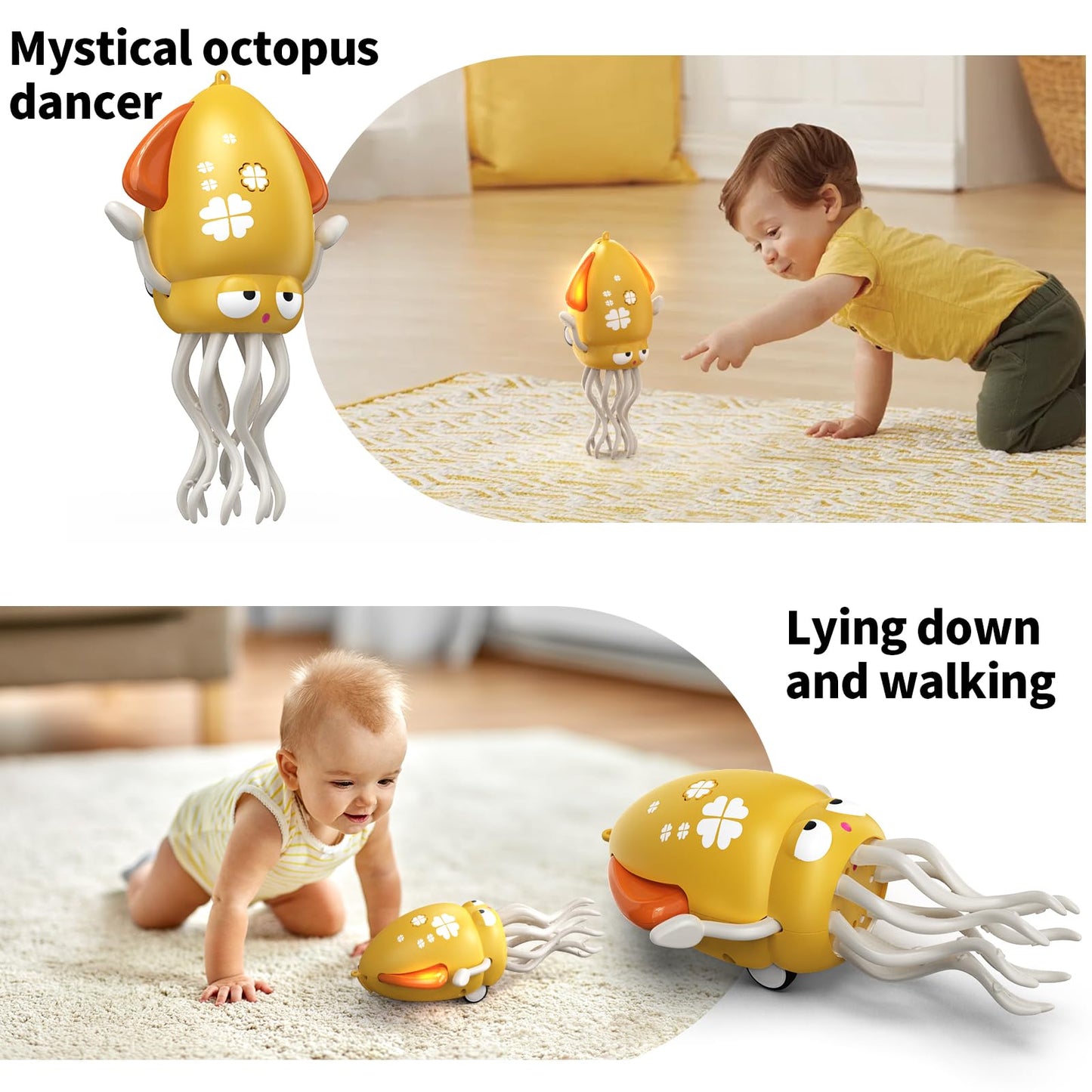 SWTOIPIG Electric Dancing Octopus Toy with Led Light and Music, Kids Electric Crawling Octopus Tummy Time Toys, Rechargeable Interactive Sensory Toy, for Christmas Birthday Gift(Yellow)