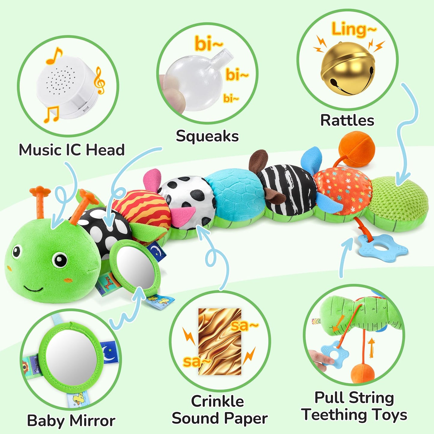 AWOTOY Baby Toys 6-12 Months Music Caterpillar Infant Toys Stuffed Animals 0-3-6 Months Tummy Time Teething Sensory Toys with Mirror Rattle&Pull String Boys Girls Birthday Gifts Easter Basket Stuffer