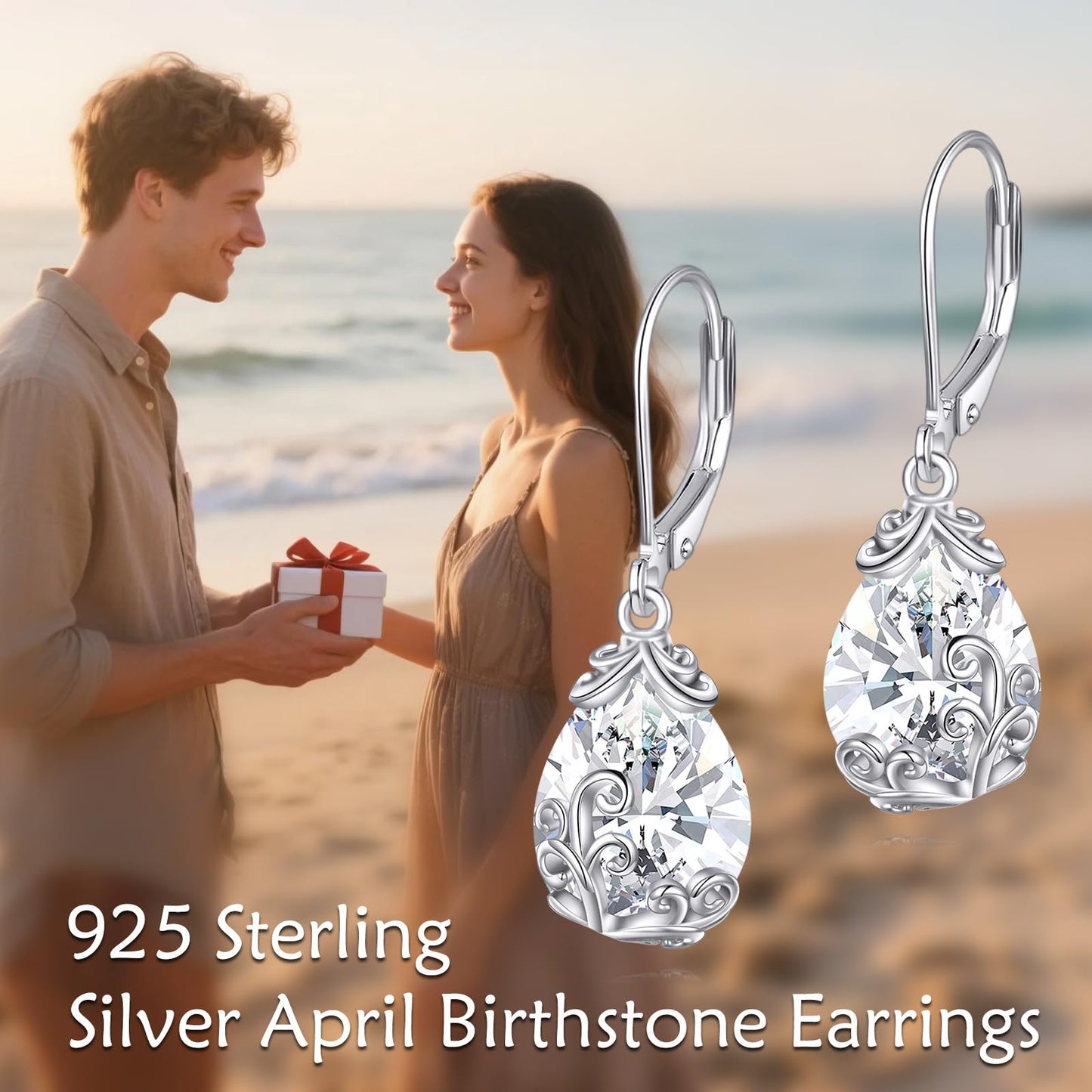 POPLYKE BirthStone Filigree Teardrop Drop Earrings Sterling Silver Diamond Leverback Earrings April Birthstone Dangle Jewelry Gifts for Women