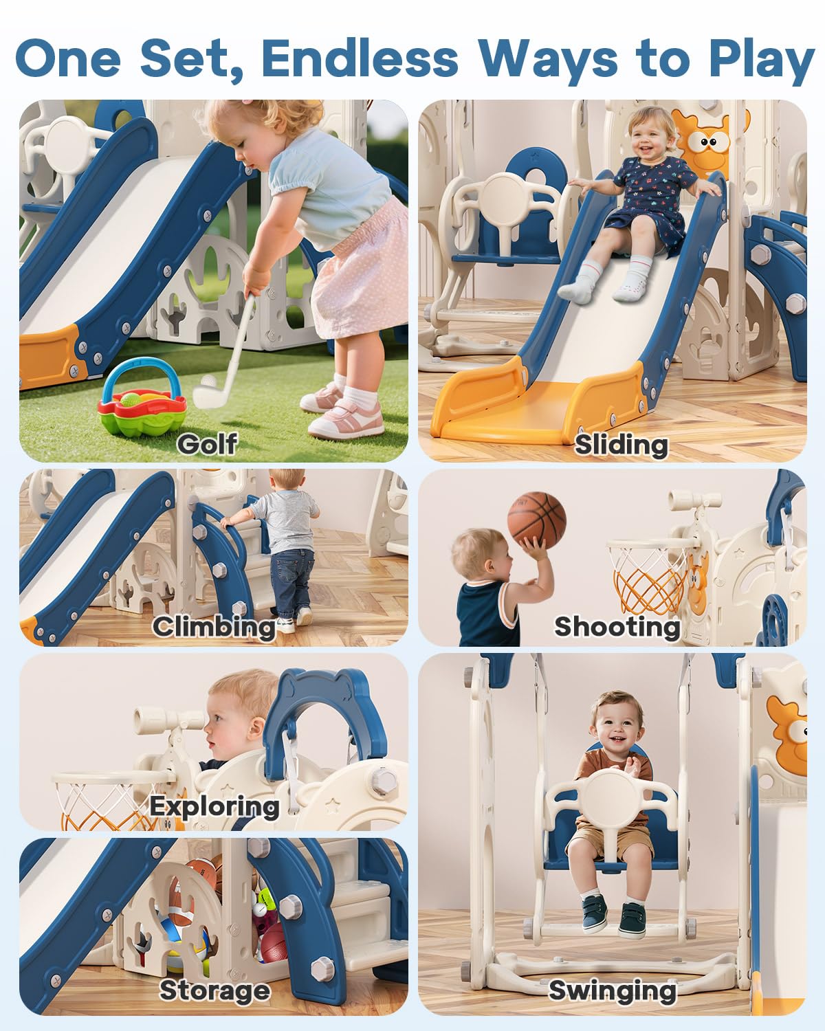 BIERUM Toddler Slide and Swing Set, 7-in-1 Indoor Outdoor Toddler Playset with Climber, Basketball Hoop & Golf Toys, Playground for Kids Ages 1+, Blue&Yellow