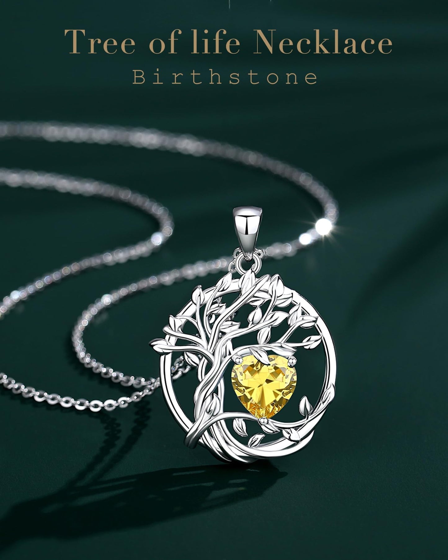 FANCIME Tree of life November Birthstone Necklace for Women Sterling Silver Tree Jewelry Natural Citrine Pendant Yellow Topaz Gemstone Anniversary Birthday Christmas Gifts for Wife Mom Her