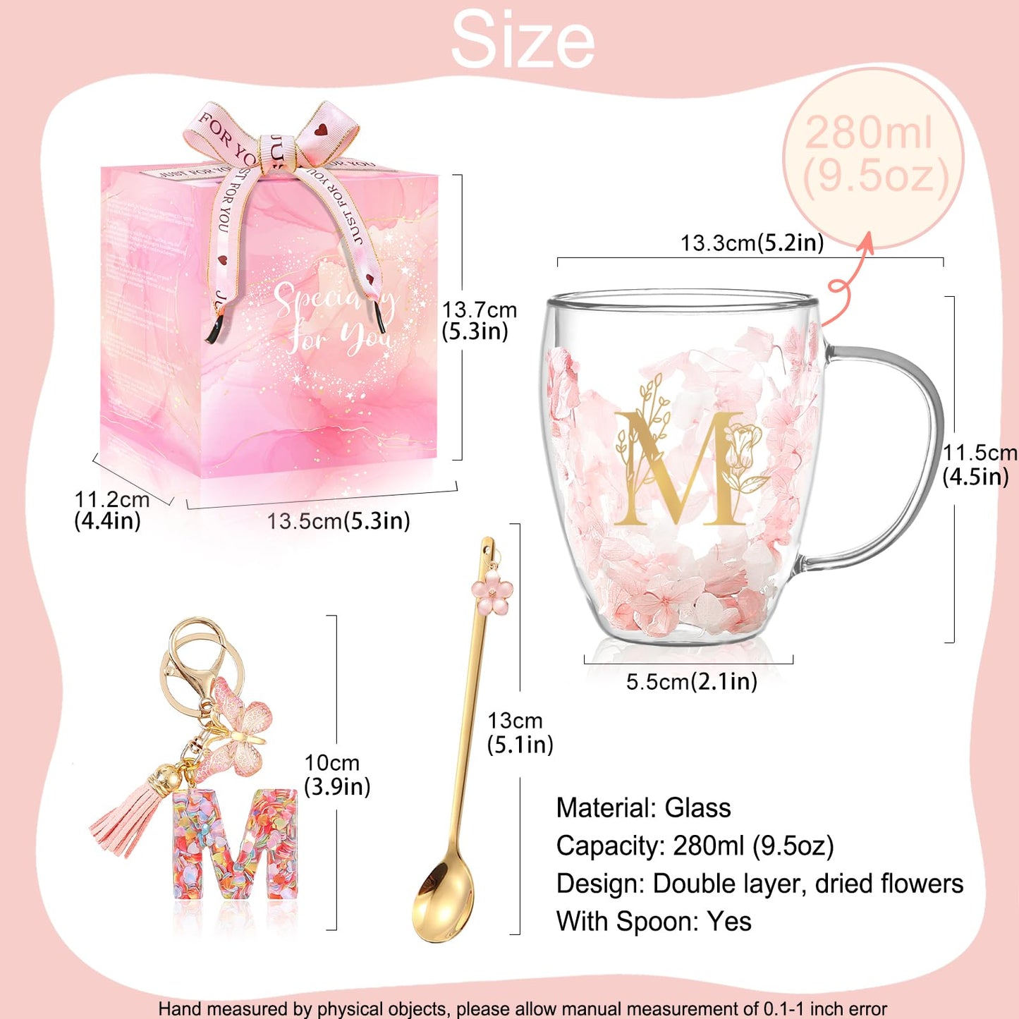 Personalized Gifts for Women Flower Glass Coffee Mug Initial Tea cup Mother's Day Gifts for Mom Monogrammed Customized Bridesmaid Bride Wedding Gifts Graduation Valentines Birthday Christmas Gift(M)
