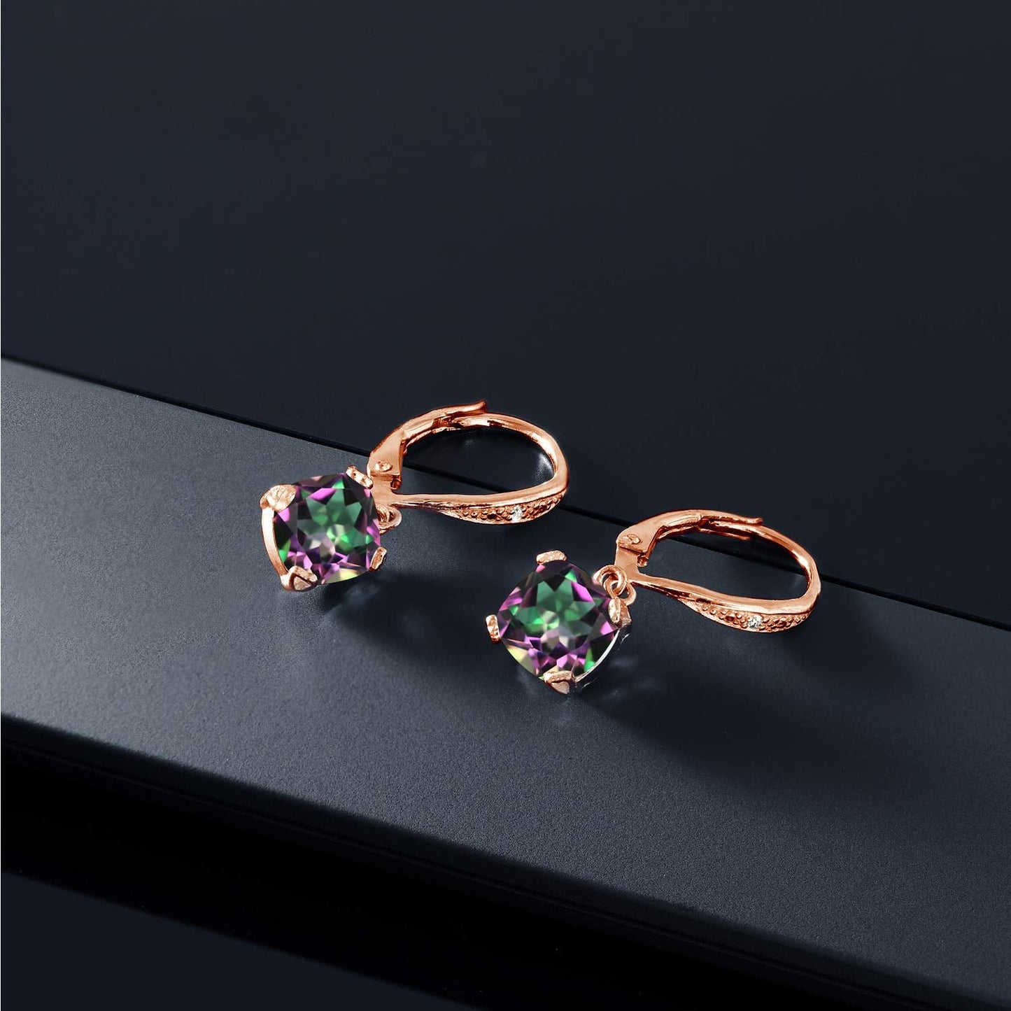 Gem Stone King Drop Dangle Earrings For Women | 7MM Cushion Cut Gemstone Birthstone and Diamond | 925 Sterling Silver | Jewelry Gift for Mom Wife Her | Green Mystic Topaz | Rose Gold