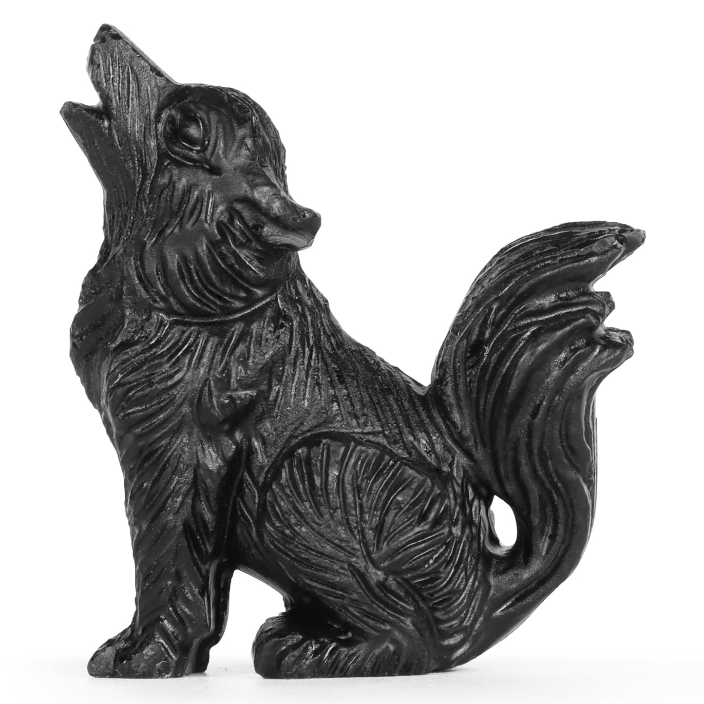 LEADGEM 2.0" Black Obsidian Big Tail Wolf Figurine Healing Crystal Stone Statue Carved Sculpture Paperweight Ornaments Fengshui Home Office Decor Gifts
