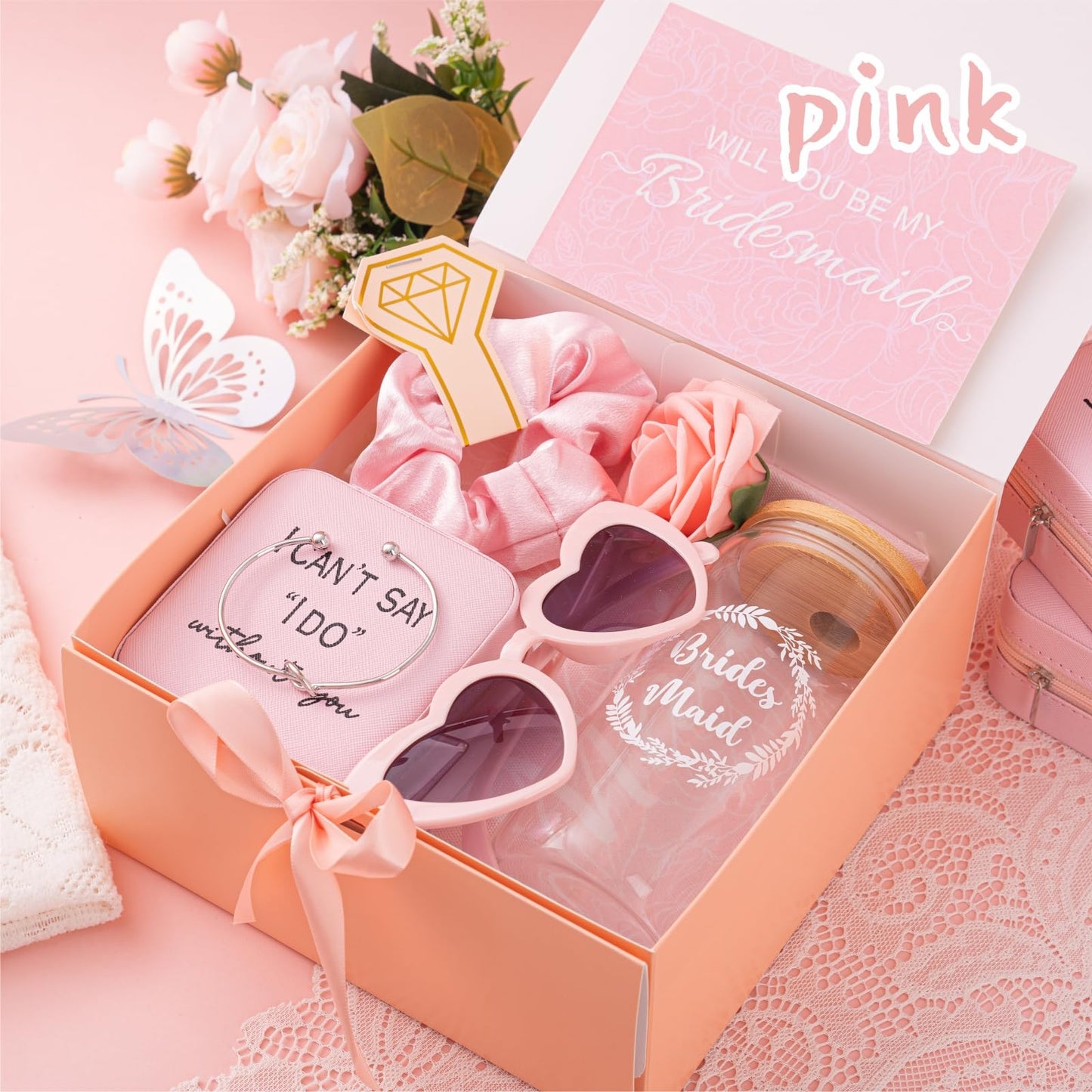 6 Sets Pink Bridesmaid Proposal Gifts, Maid of Honor Gift Includes Wedding Gift Box Jewelry Box Makeup Bag Bracelet Foam Flower Invited Card Glasses Cup Hair Tie for Bridal Shower Bachelorette Party