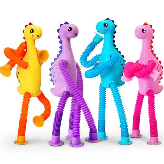 4Pcs Dinosaur Airplane Travel Toys Easter Basket Gifts for Toddlers Kids Boys Girls Sensory Suction Cup Tube ADHD Autism Road Trip Car Activities Essential Stocking Stuffer Valentines Day