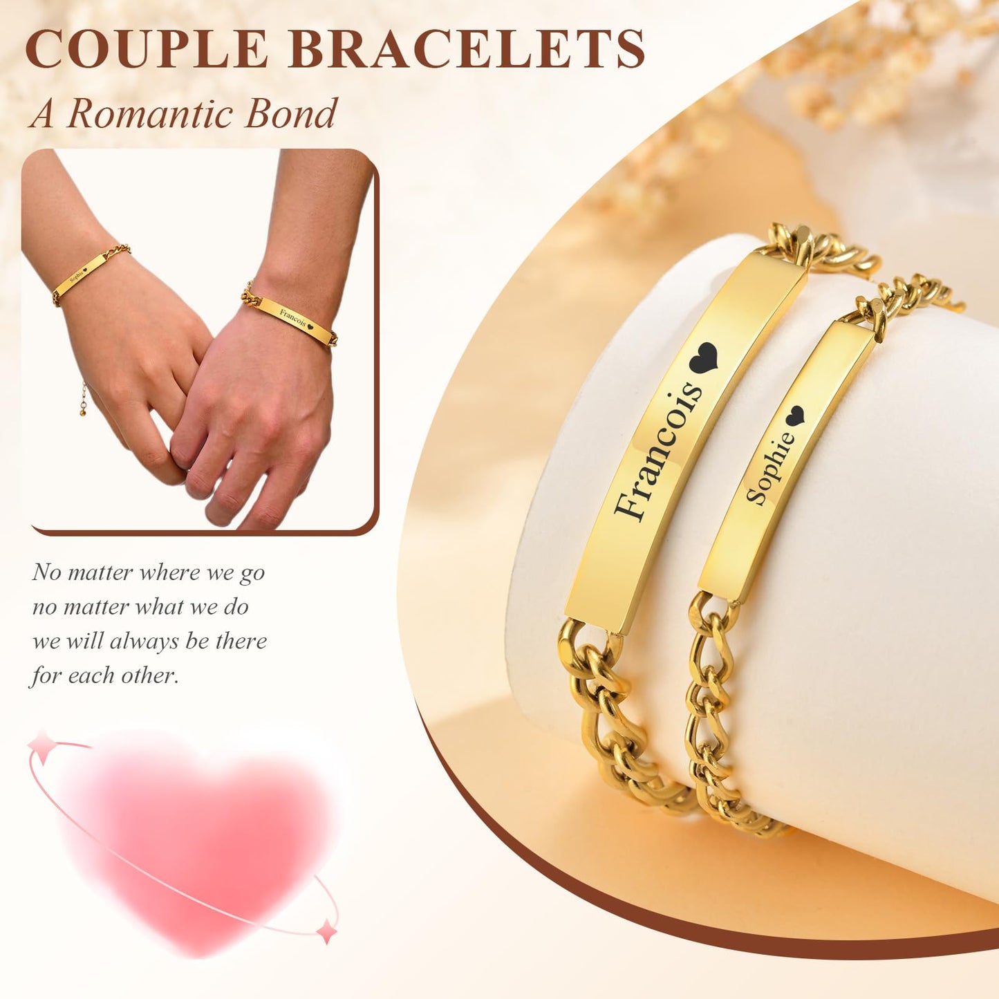 Personalized Matching Bracelet for Couple - Free Engraving Custom Couples Bracelets,Hypoallergenic Adjustable Stainless Steel Long Distance Relationship Jewelry,Promise Bracelet Gifts for Him and Her