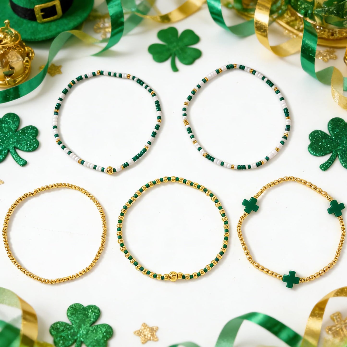 Bohxantium St. Patrick's Day Green Beaded Cross Bracelet for Women Stackable Lucky Stretch Gold Beads Ball Jewelry Cross Charm Holiday Bracelet Party Festive Friendship St. Patrick's Gifts for Women