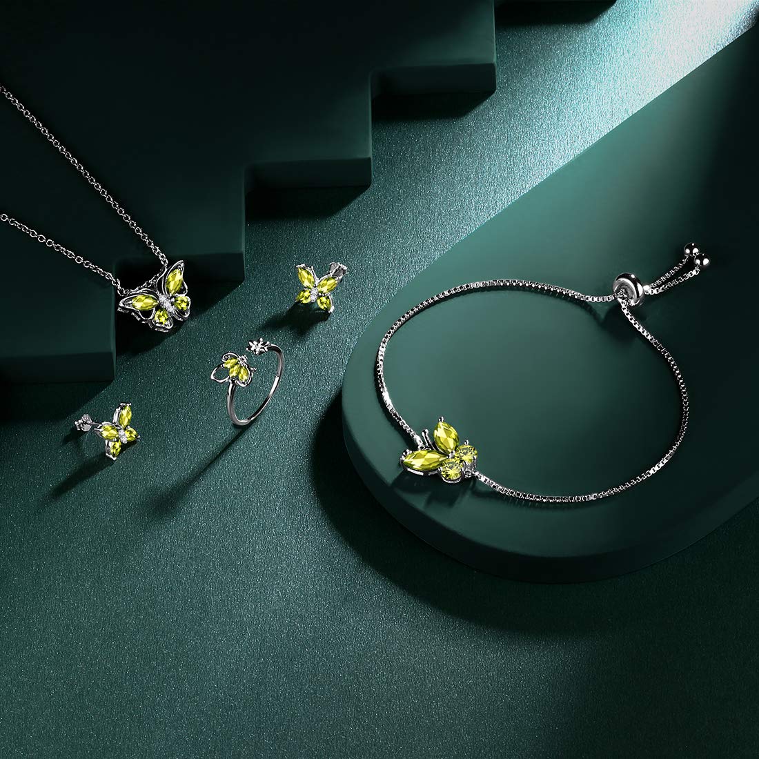 Hipunk Butterfly Green Jewelry Sets Birthstone Women 925 Sterling Silver August-Peridot Birth Stone Animal Butterflies Jewelry Sets/Earring/Ring/Bracelet Set Crystal Birthday Jewelry SS0003A